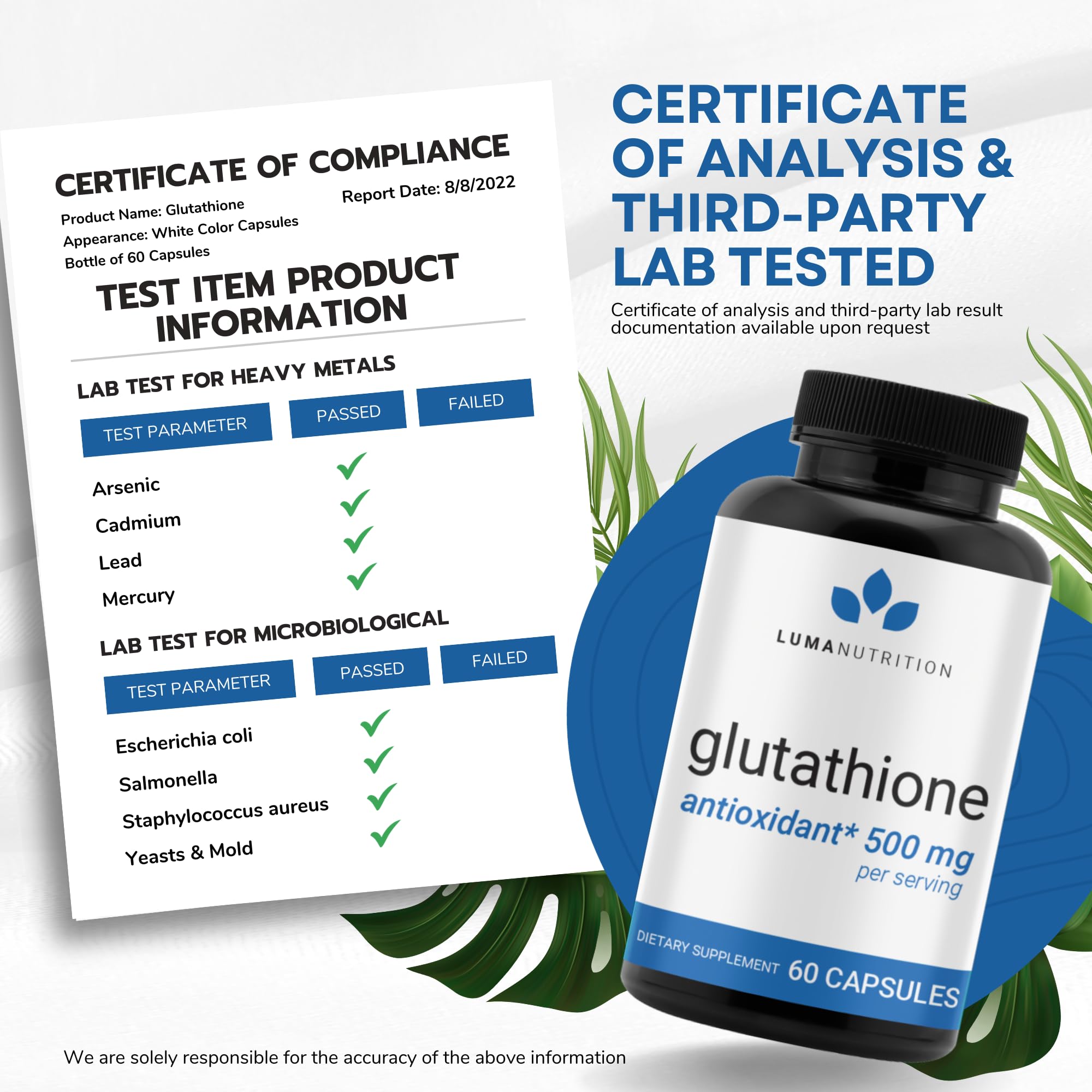 Premium Glutathione - Reduced Glutathione 500mg - Glutathione Supplement - L-Glutathione Luma Nutrition uk supplements