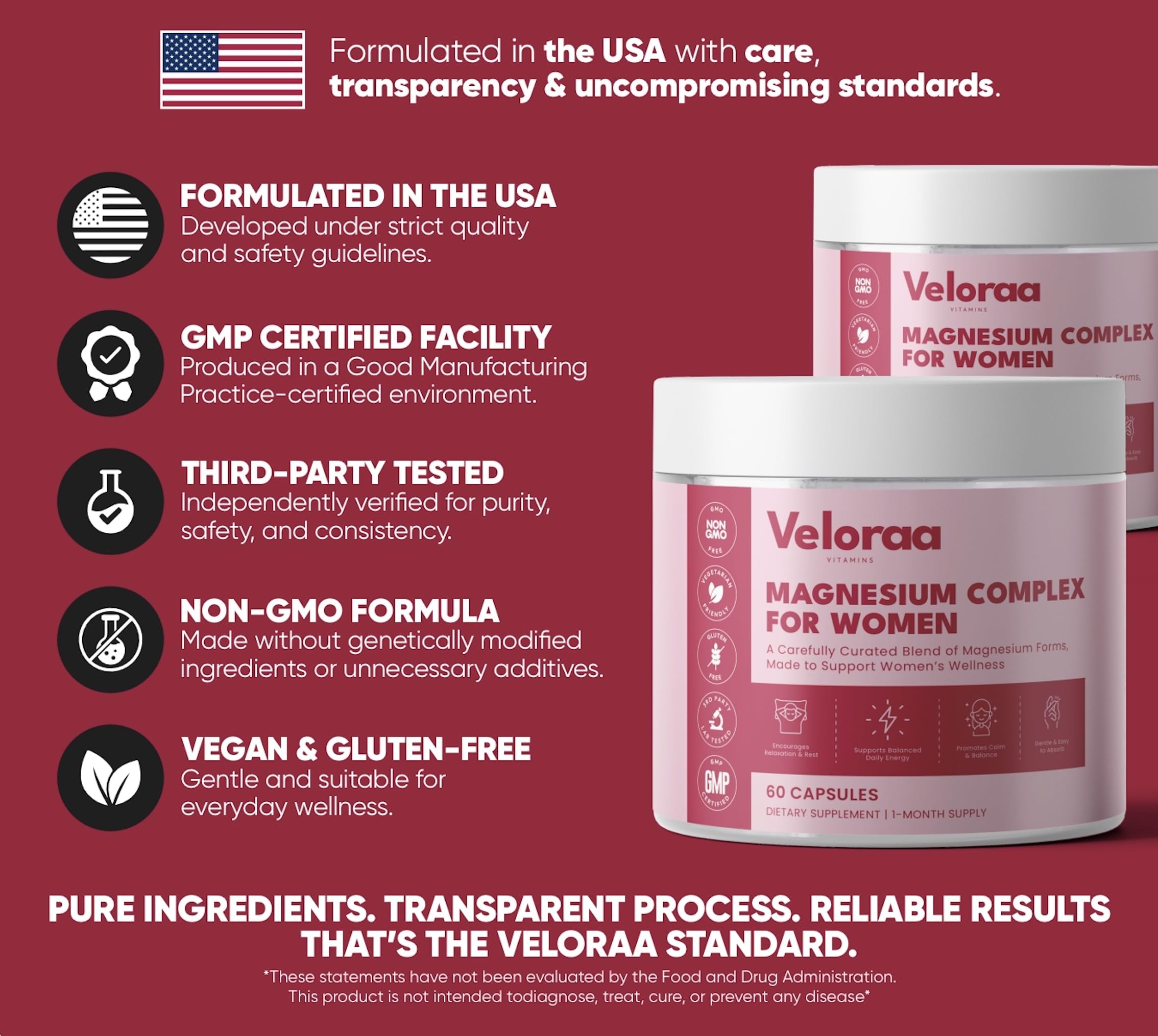Premium Magnesium Complex for Women 60 Capsules | Complete 3-in-1 with Magnesium Glycinate Citrate & Malate Supports Calm, Digestion, Energy Vegan & Non-GMO Supplement | Veloraa Veloraa uk supplements