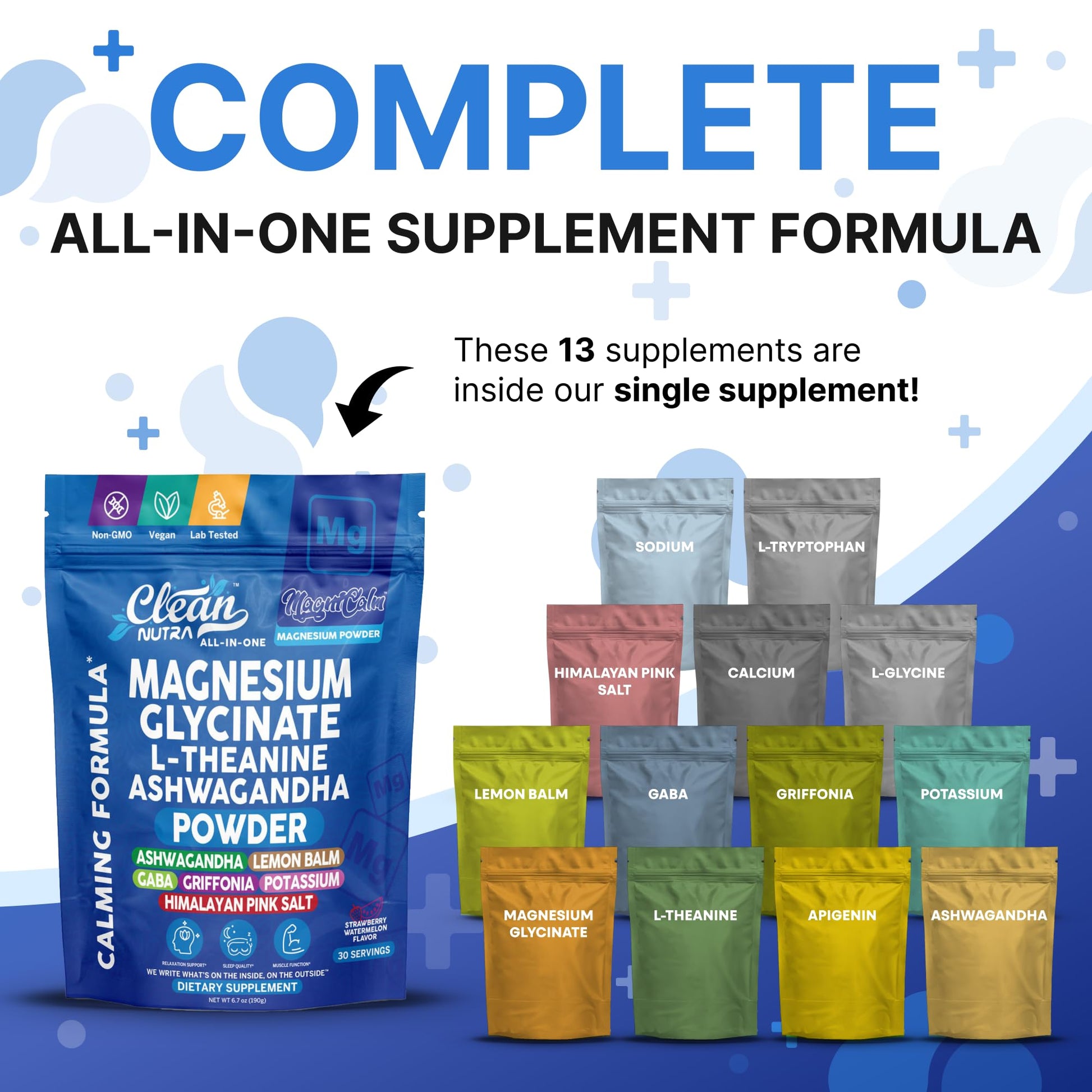 Magnesium Glycinate Powder Supplement + L Theanine Ashwagandha Glycine Apigenin Lemon Balm GABA 5HTP Pink Salt Potassium L Tryptophan Calcium | Powdered Sleep Aid Calm Trace Minerals Vitamin Clean Nutraceuticals uk supplements