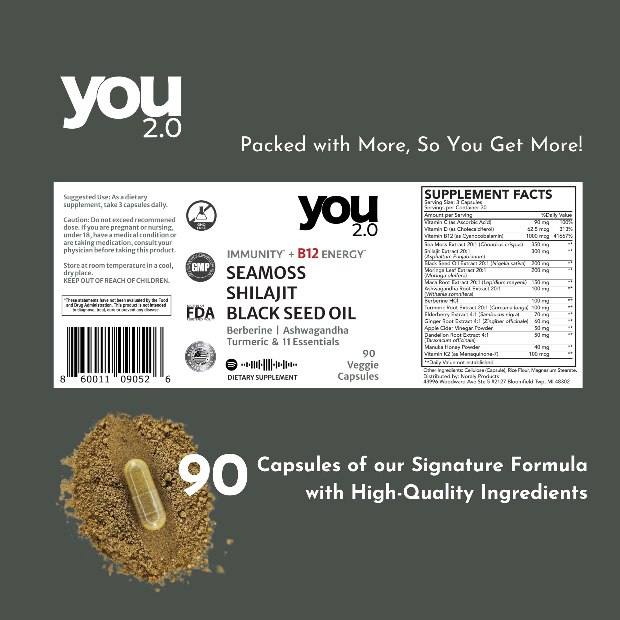 YOU 2.0 Powerhouse Superfood with Seamoss, Shilajit, Ashwagandha, Berberine, Maca, Black Seed Oil, Turmeric, Vitamin C, D, B12, K2 - Moringa, Apple Cider, Made in USA for Overall Health & Immunity YOU 2.0 uk supplements