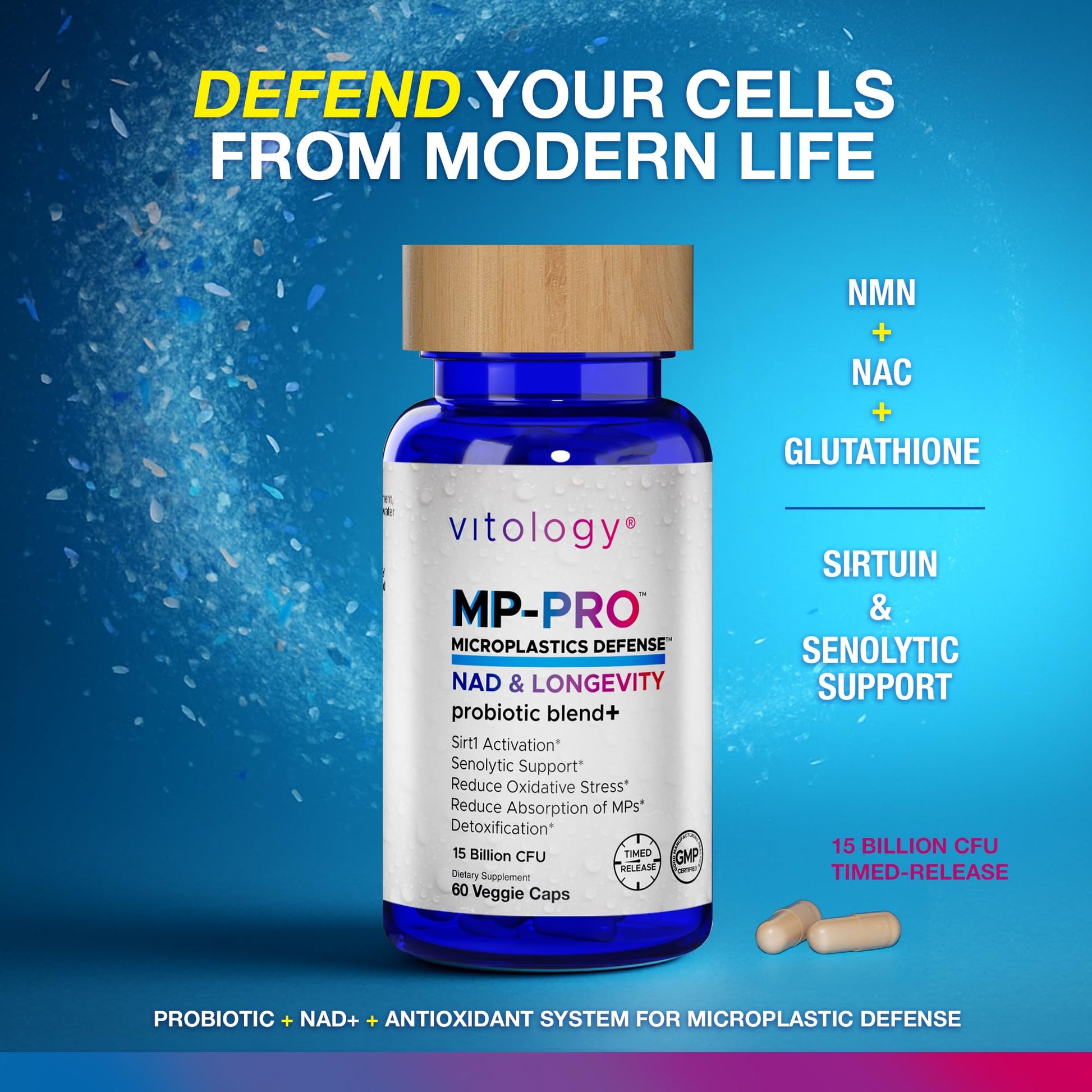 Vitology MP-PRO Microplastics Defense | 15 Billion CFU Probiotic + Antioxidant Blend | NMN, NAC, Glutathione, Resveratrol & Charcoal | Supports Cellular Detox, Longevity & Gut Health – 60 Capsules Vitology uk supplements
