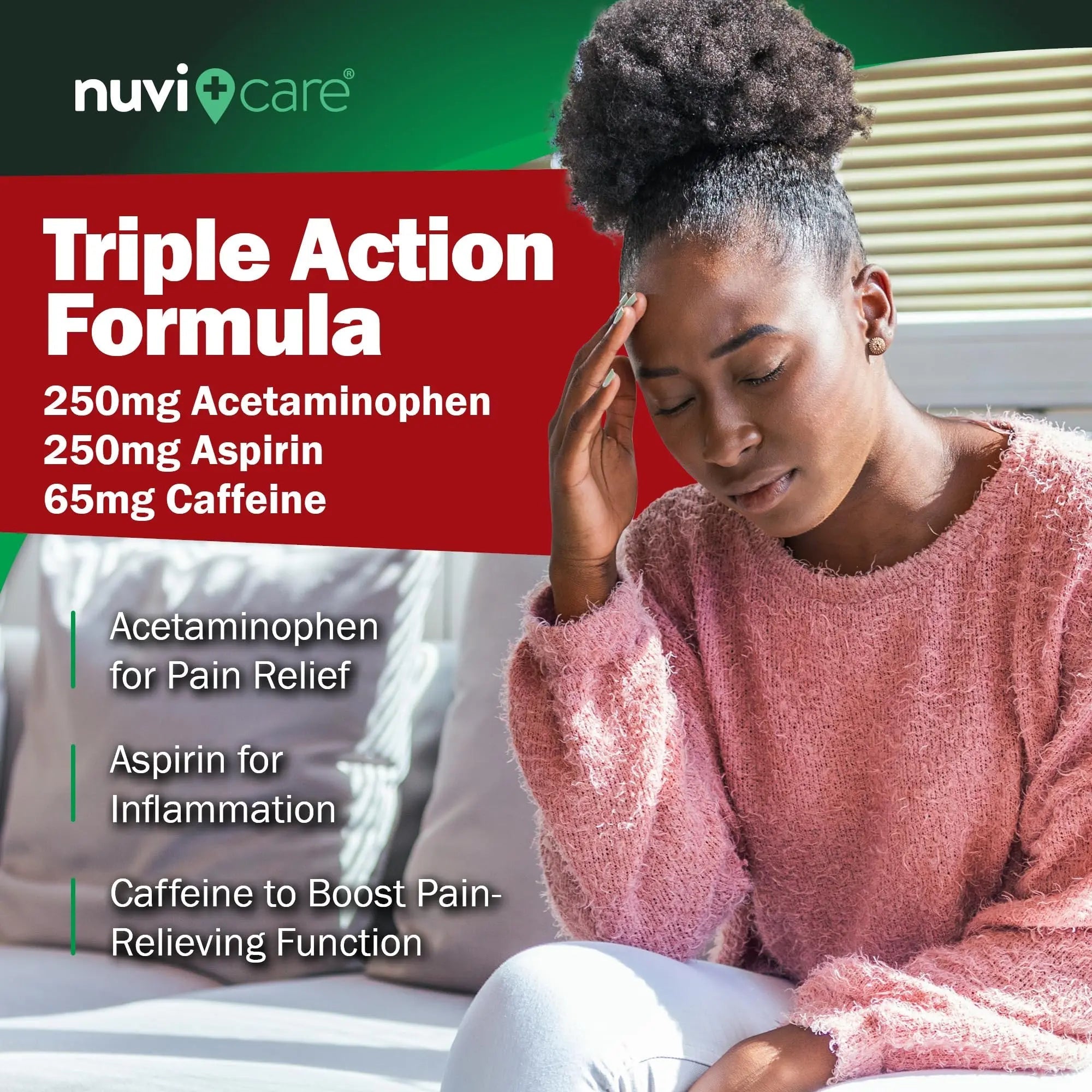 NUVICARE Headache Relief with Acetaminophen 250 mg, Aspirin (NSAID) 250 mg, Caffeine 65 mg - Temporary Relief of Minor Aches & Pains - Compare to Excedrin Extra Strength Pain Reliever (2 Pack) NUVICARE uk supplements