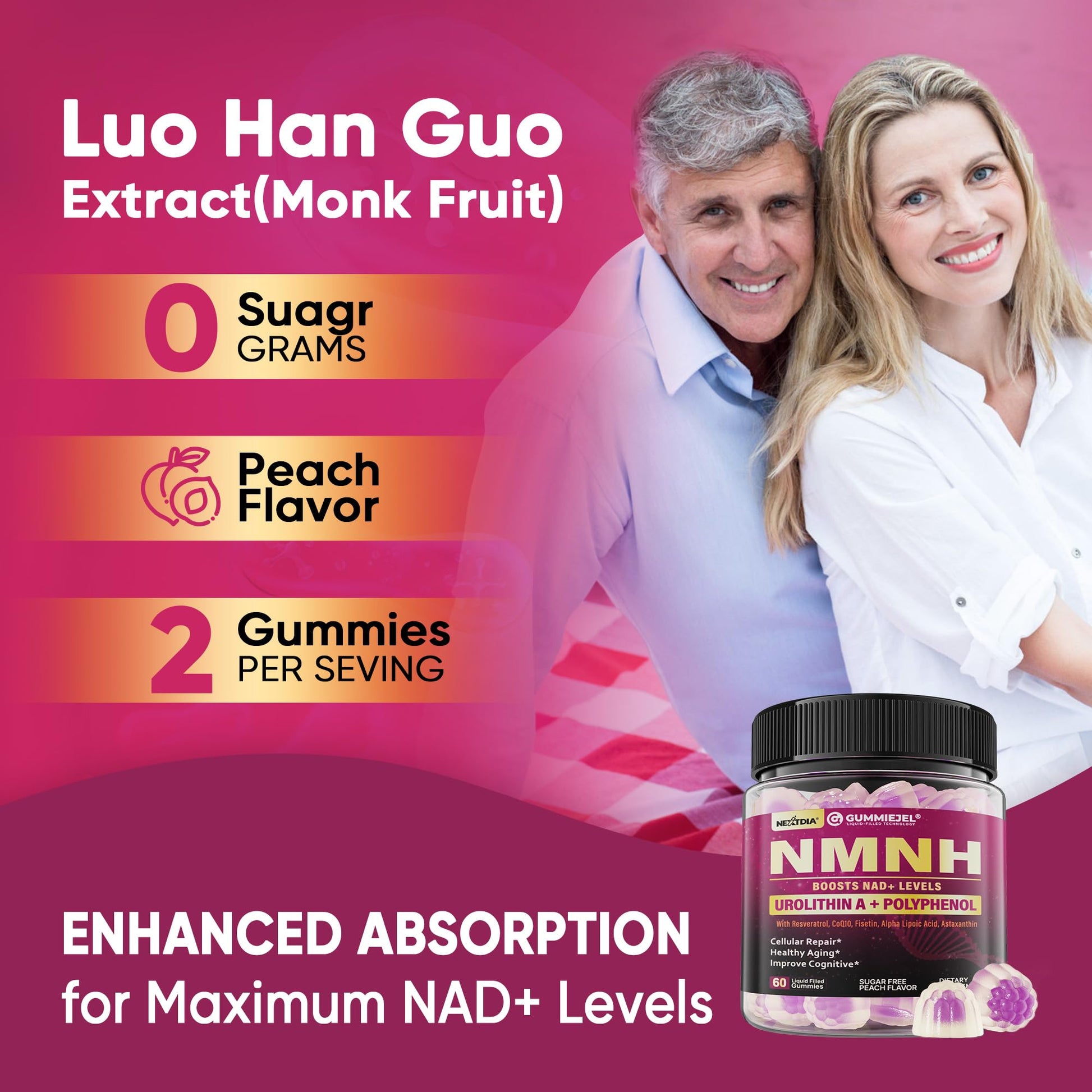 NMNH Gummies 300MG for Longevity with Urolithin A, Polyphenol Blend, Resveratrol, NAD+ Supplement for Women & Men Boost NAD+ Levels, Optimized Aging, Cell, DNA Repair, Energy, Focus, Sugar Free, 60cts Nextdia uk supplements