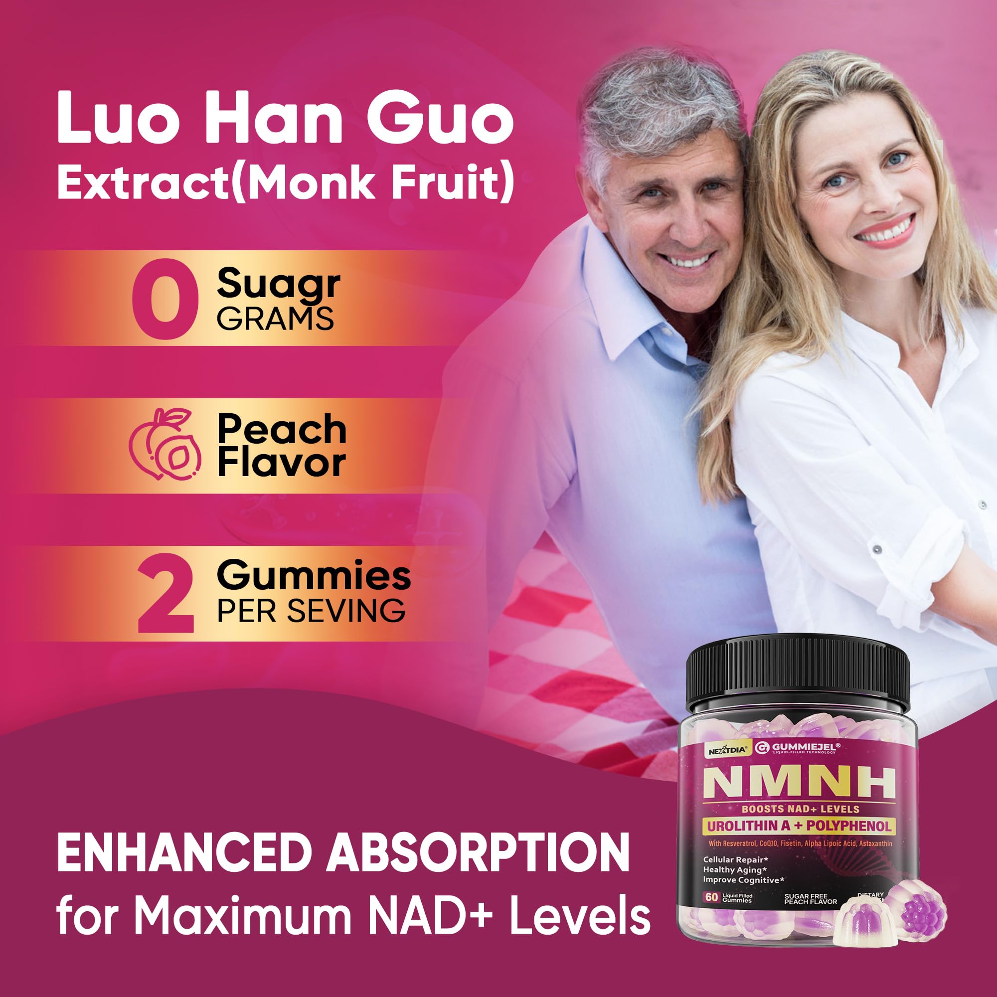 NMNH Gummies 300MG for Longevity with Urolithin A, Polyphenol Blend, Resveratrol, NAD+ Supplement for Women & Men Boost NAD+ Levels, Optimized Aging, Cell, DNA Repair, Energy, Focus, Sugar Free, 60cts Nextdia uk supplements