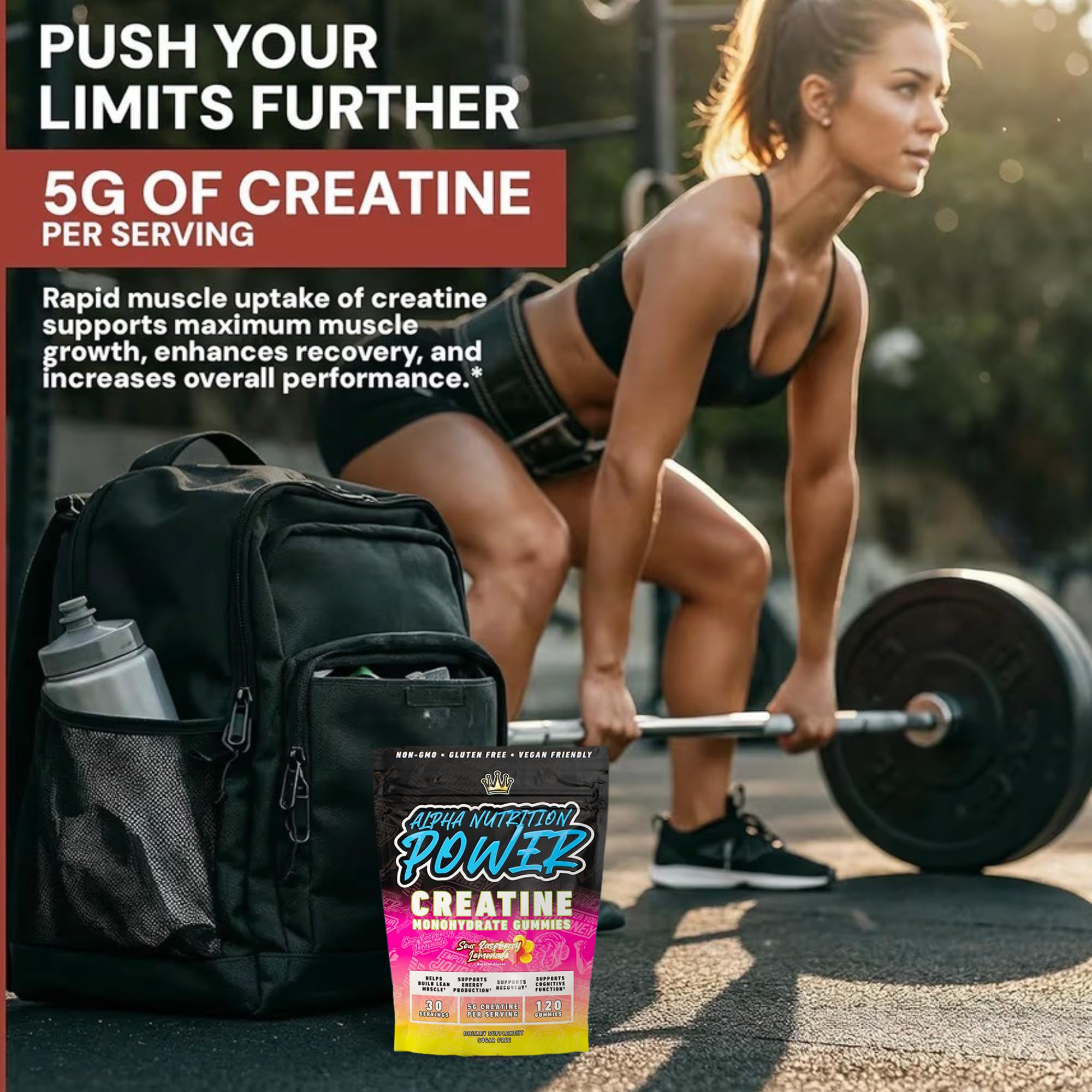 Creatine Monohydrate Gummies 5g - Raspberry Lemonade Flavored Creatine for Women and Men - Supplement for Muscle Gain, Strength, Energy, Cognitive Health, Pre and Post Workout, Recovery, (120 Gummies) Alpha Nutrition Power uk supplements