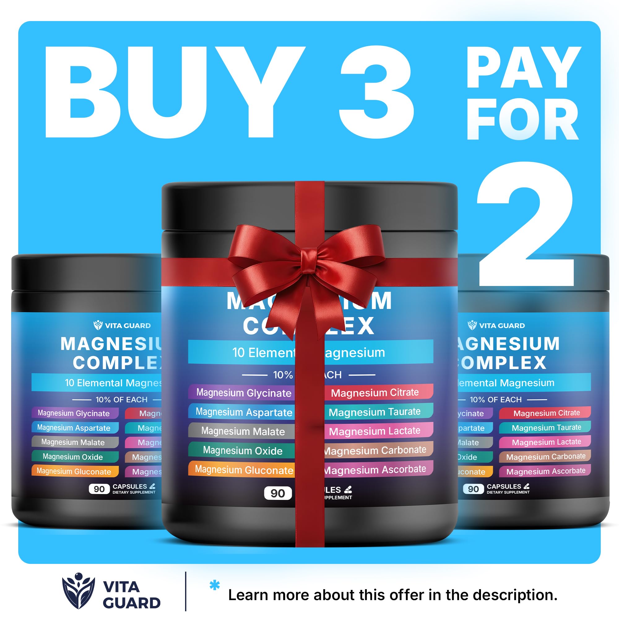 Vita Guard Magnesium Complex 1480mg – 10-in-1 with Glycinate, Citrate, Malate & More – High Absorption – Sleep, Muscle, Nerve & Heart Support – 90 Vegan Capsules – Non-GMO, Gluten-Free, No Sugar Vita Guard uk supplements