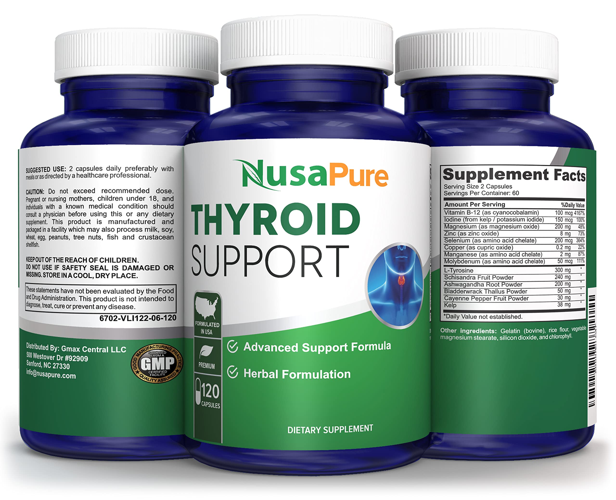 NusaPure Thyroid Support Supplement (Non-GMO) 120 caps, Ashwaganda, Iodine, Zinc, kelp, Vitamin B12, L-Tyrosine, Selenium, Copper NusaPure uk supplements