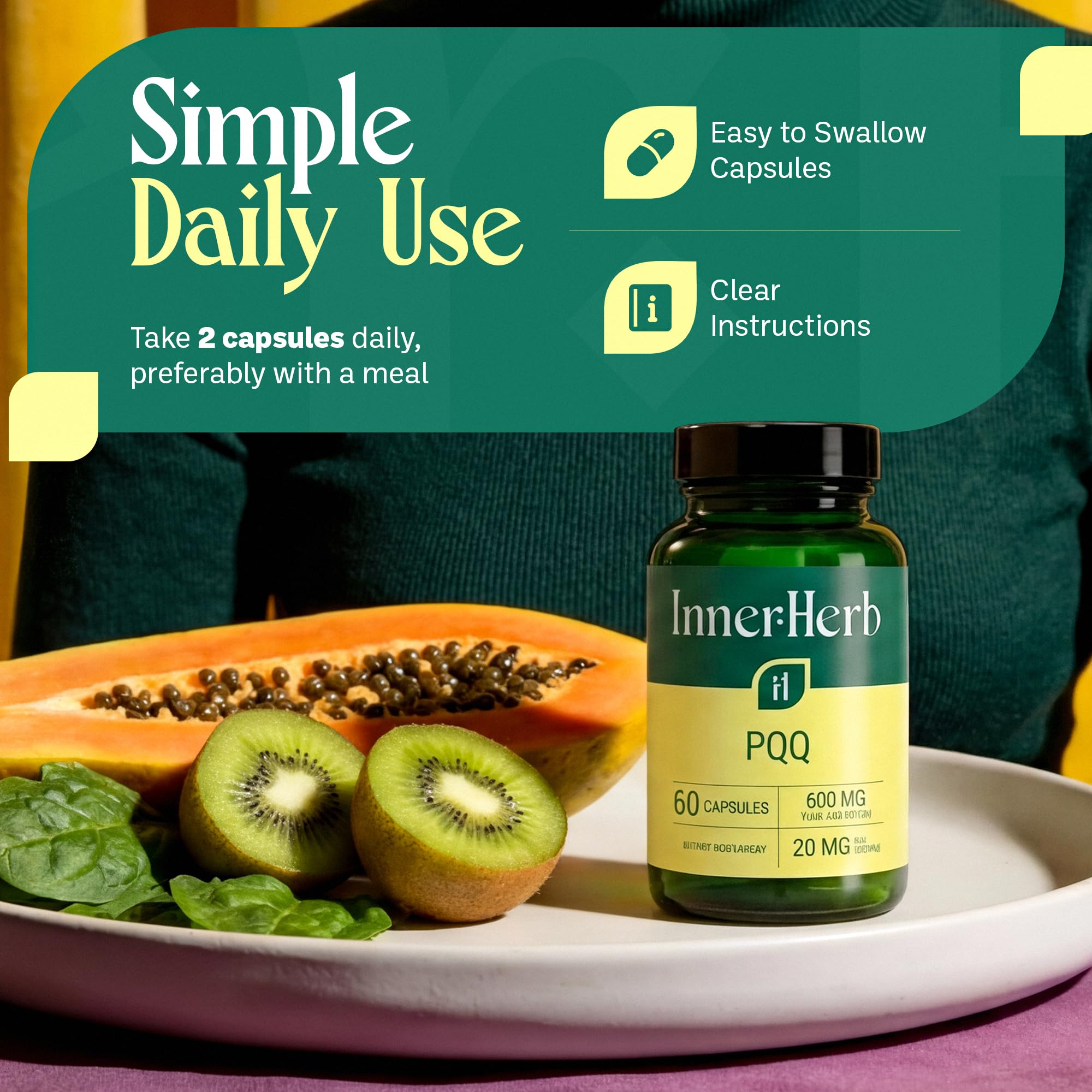 InnerHerb Pyrroloquinoline Quinone PQQ Daily Capsule - Supplement for Adults (60 Capsules, 30 Servings) (20mg Per Serving) InnerHerb uk supplements