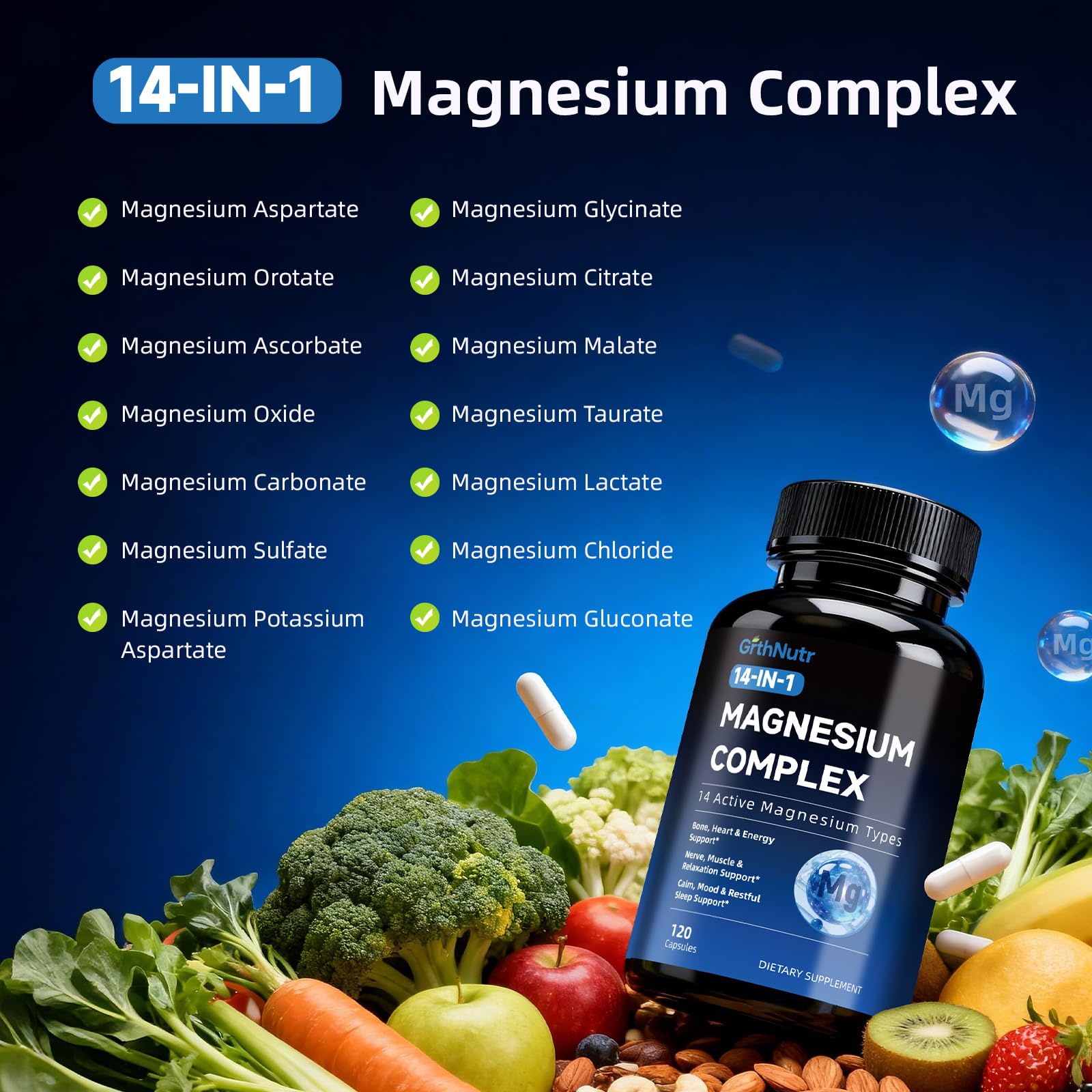 14-in-1 Magnesium Complex Supplement, 1200mg Elemental Magnesium Glycinate, Citrate, Malate, Taurate - Magnesium Complex for Women Nerves, Bone & Heart Health | Non-GMO GrthNutr uk supplements