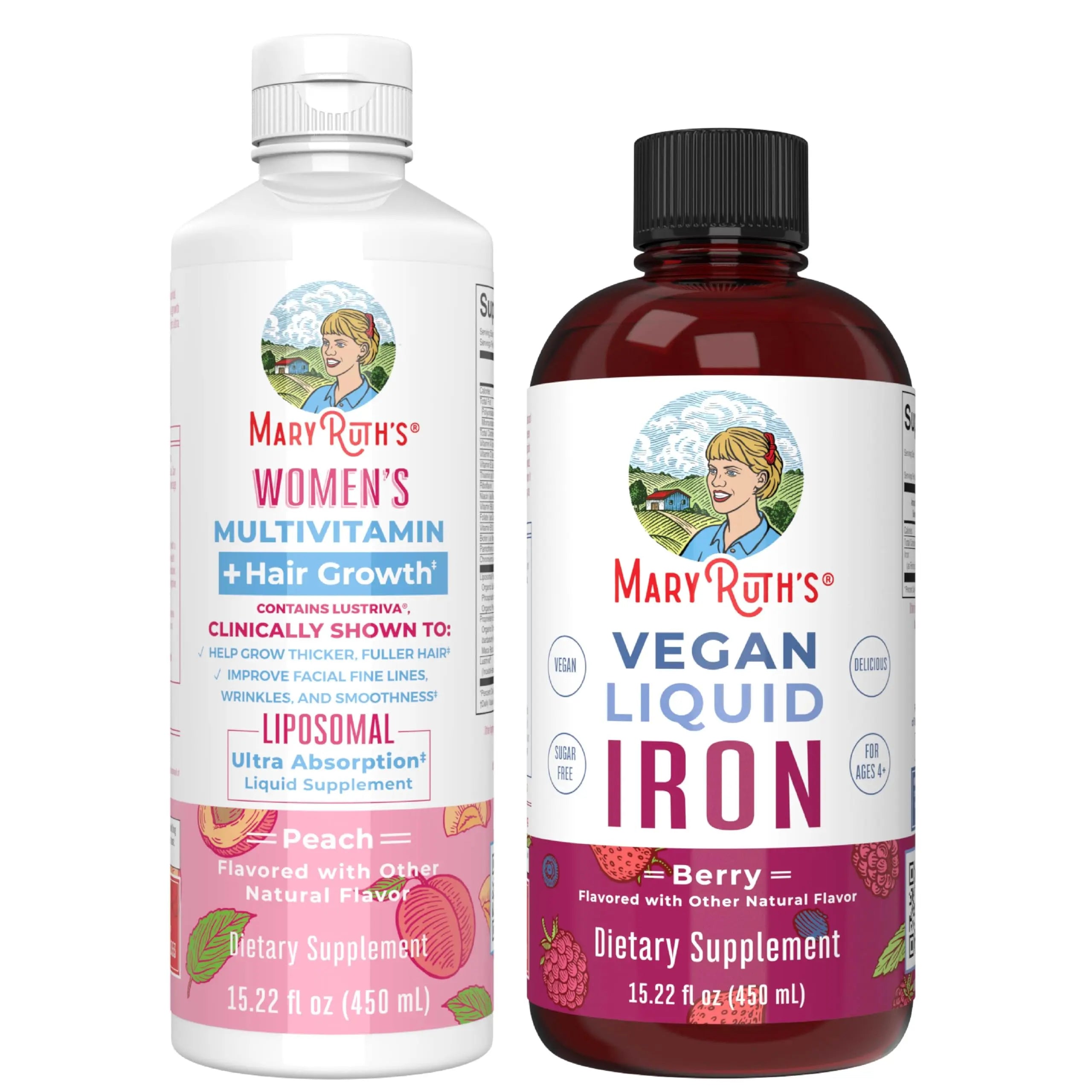 MaryRuth's Women's Multivitamin + Hair Growth Liposomal (Peach) & Iron Liquid (Berry) | Clean Label Project Verified® | MARYRUTH'S uk supplements