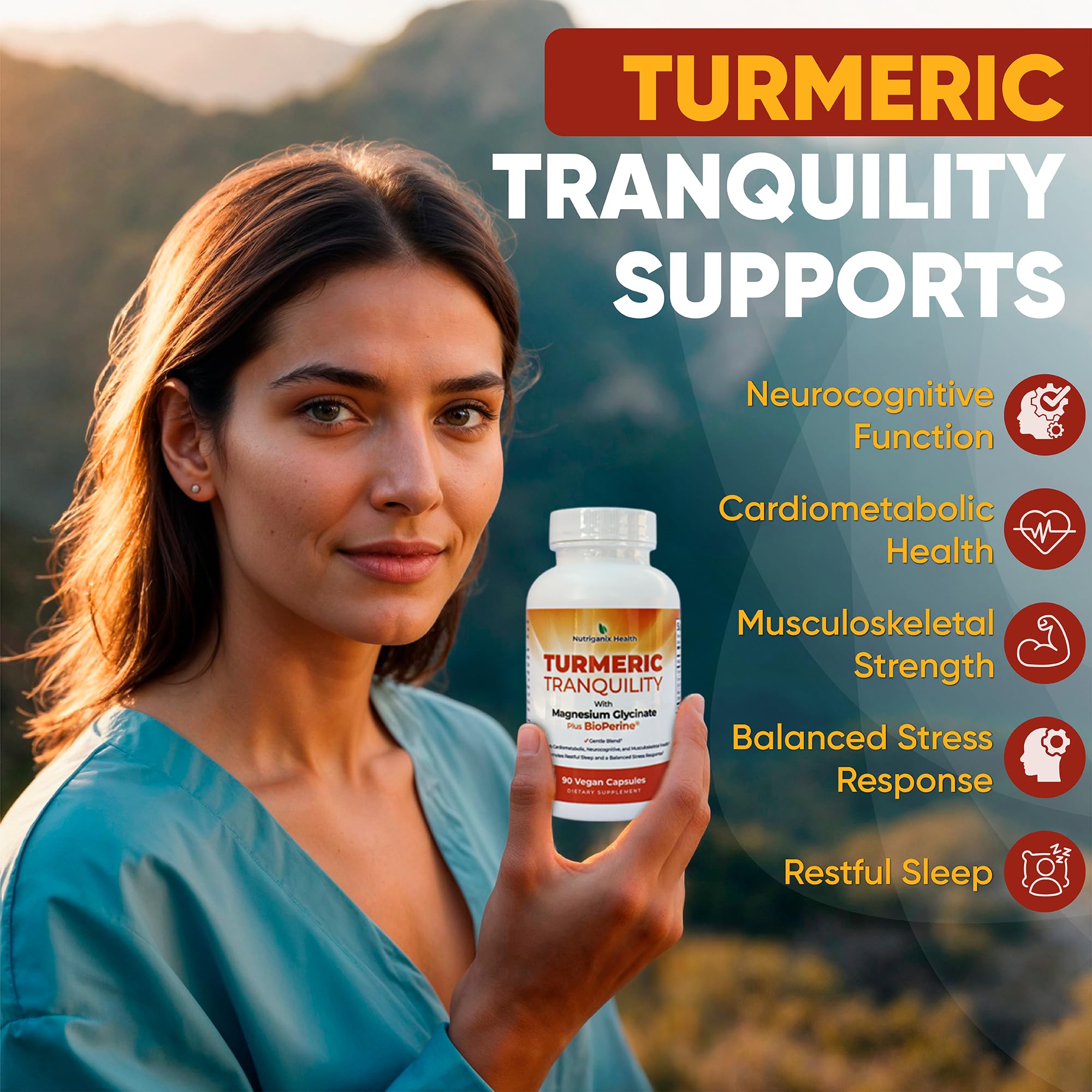 Turmeric Tranquility Turmeric Curcumin & Magnesium Glycinate with BioPerine – Support for Stress Relief, Sleep, Heart Health, Muscles, Metabolism, and Joint Health* - High Absorption - 90 Capsules (1) Nutriganix uk supplements