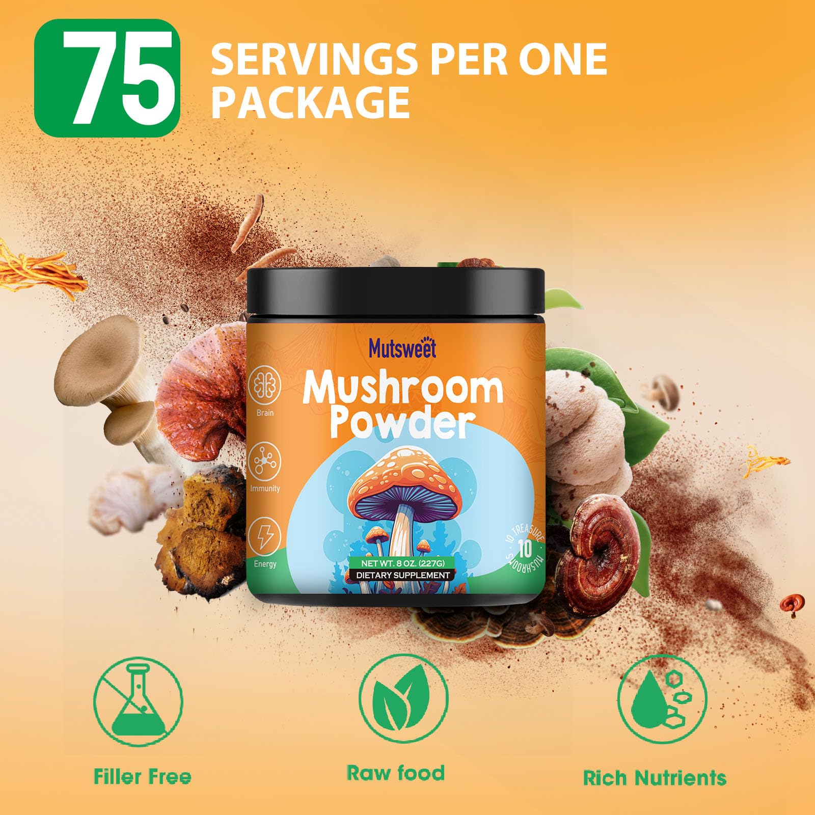 Mushroom Powder Blend (75 Servings), Ten Mushroom Supplement with Lions Mane Mutsweet uk supplements