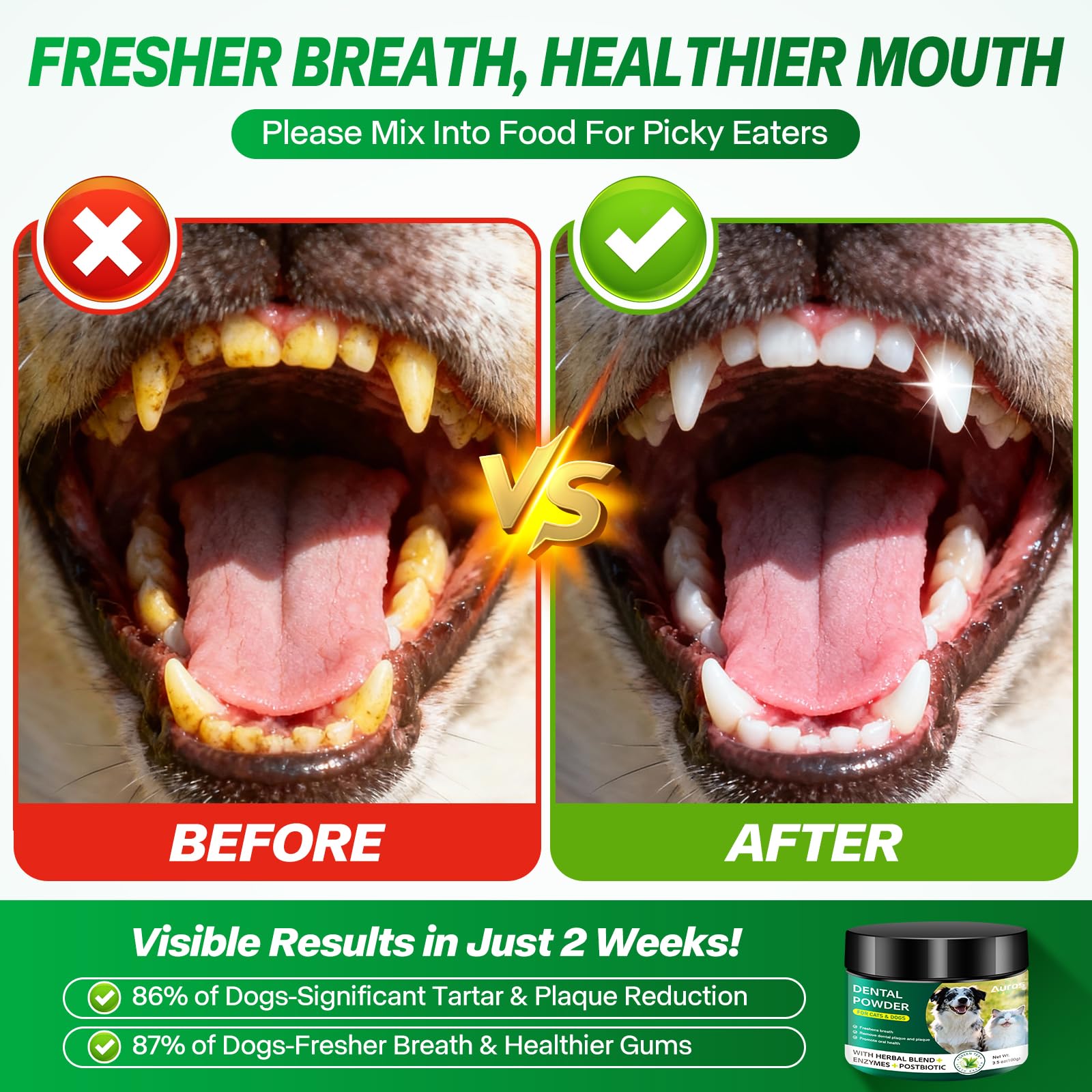 Dog Dental Powder for Teeth Cleaning Plaque & Bad Breath Off, Dental Powder for Dogs Teeth with Natural Herbal Blend & Postbiotics, Dog Teeth Cleaning Powder with Enzymes for Dogs & Cats (3.5oz) AUROS uk supplements