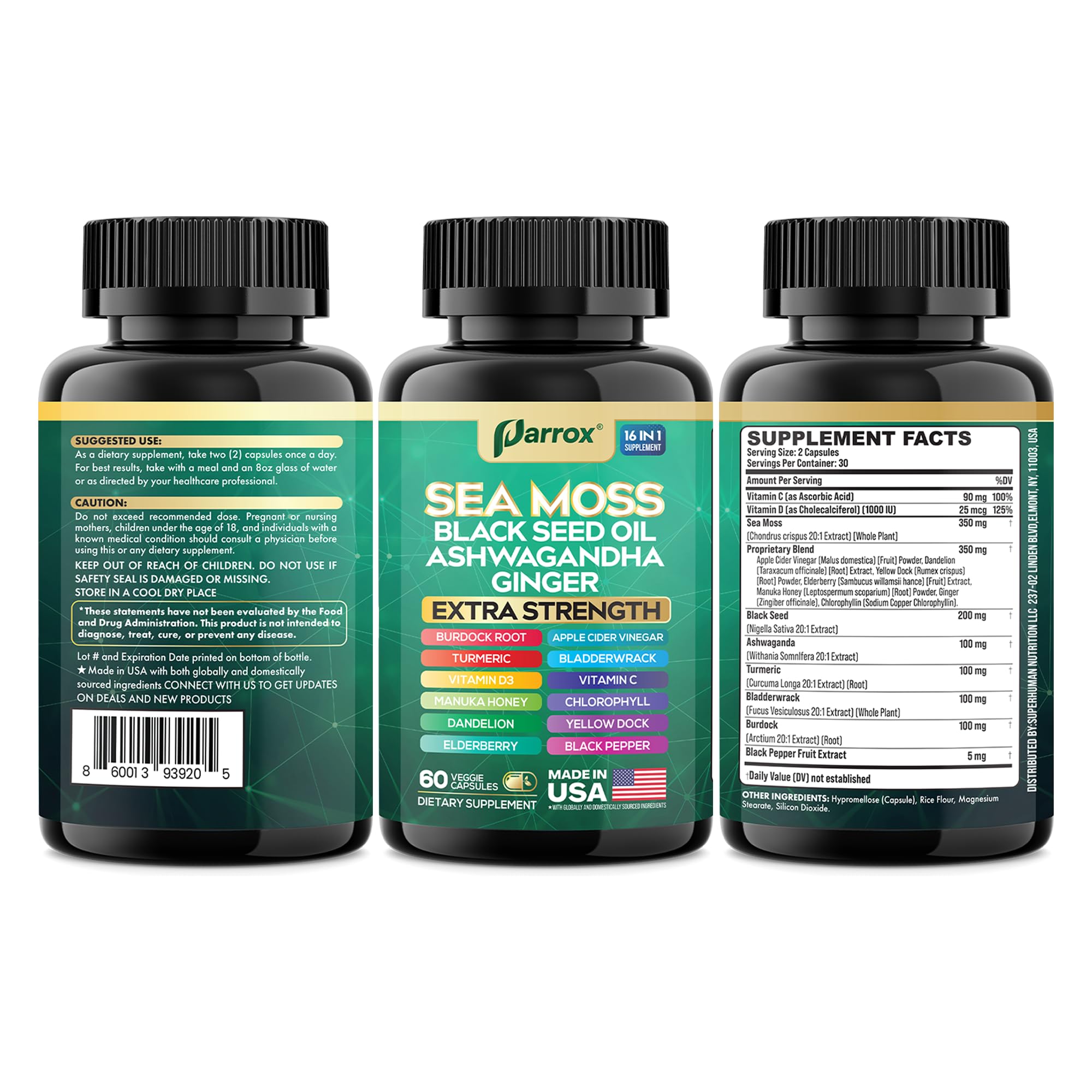 Parrox Sea Moss, Black Seed Oil, Ashwagandha, Turmeric, Chlorophyll, Dandelion, Ginger, Vitamin D3, Black Pepper, Elderberry, ACV, Yellow Dock, Burdock Root, Manuka, Vitamin C, Bladderwrack (60 Caps) Parrox uk supplements