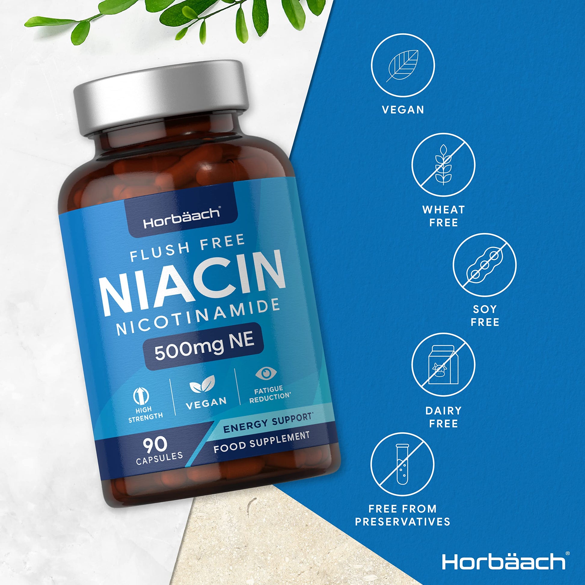 Vitamin B3 Niacin 500mg | 90 Vegan Capsules | Flush Free Nicotinamide Supplement Horbäach uk supplements