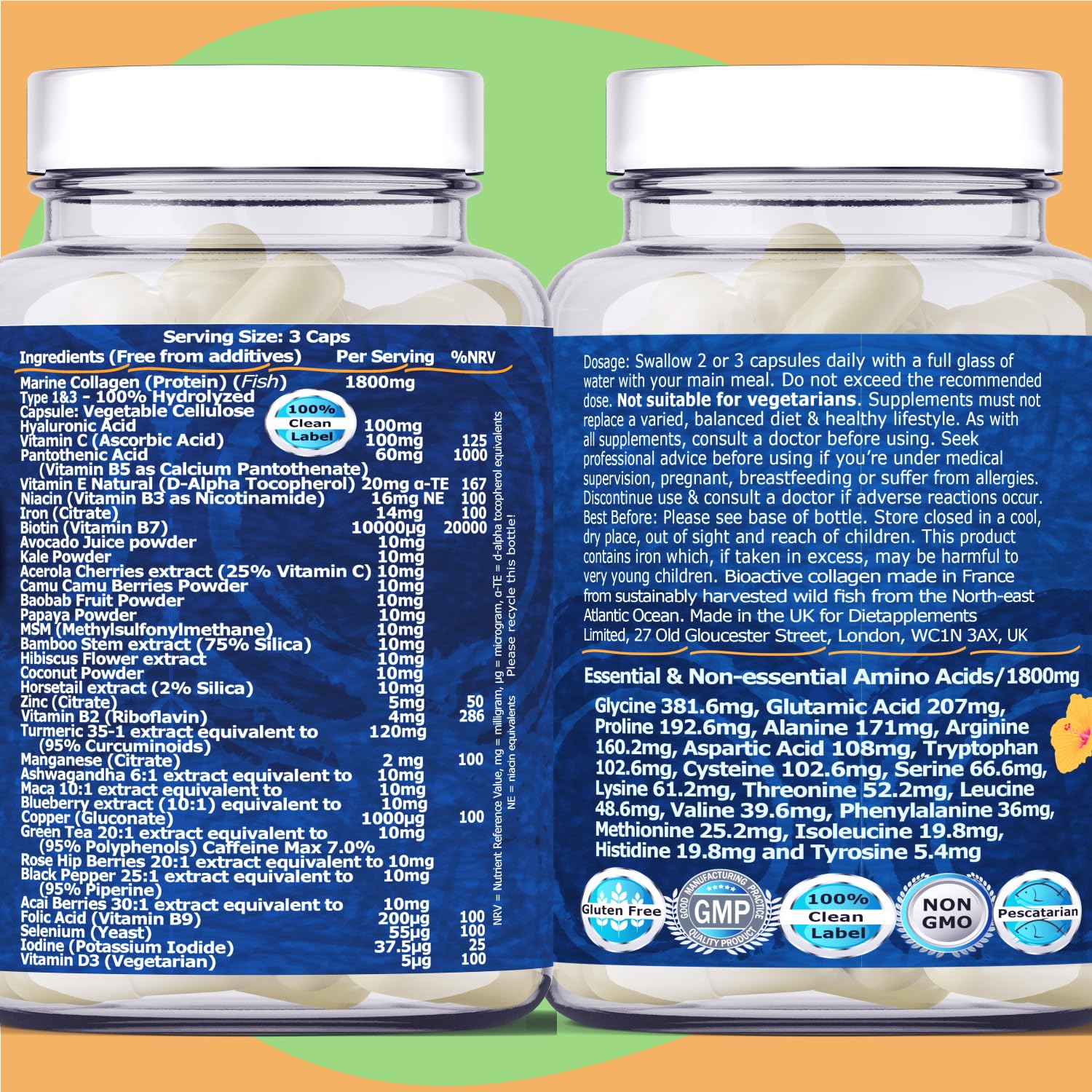 Marine Collagen Type1&3 1800mg, Biotin 10000mcg/serving, Hyaluronic Acid, Vitamins, Minerals, Botanicals Dietapplements uk supplements
