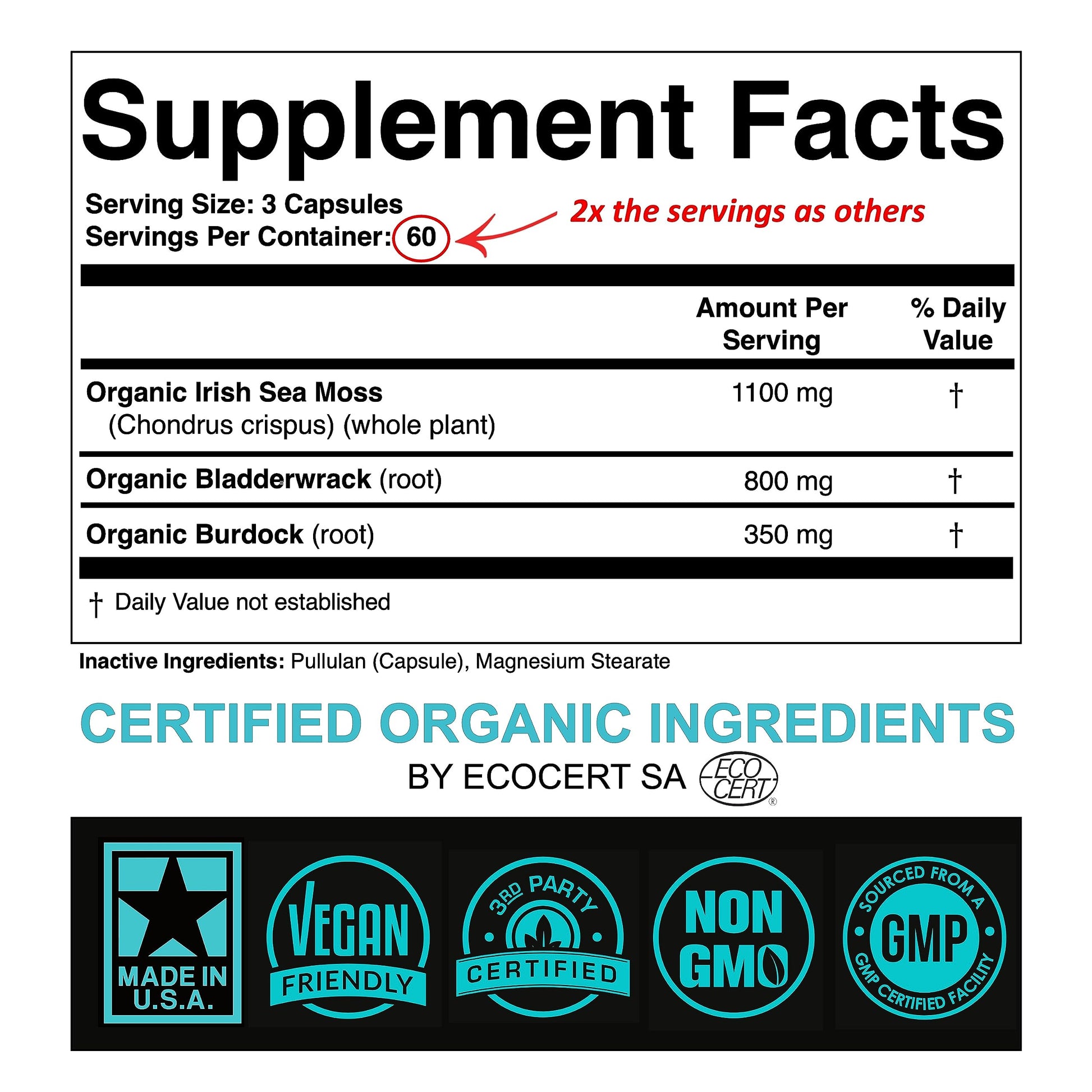 SPARTIS Certified Organic Sea Moss Capsules 2250mg Wildcrafted Irish Sea Moss Burdock Root Bladderwrack Supplement Raw Seamoss Pills & Powder (Pack of 1 at 180-Caps) SPARTIS uk supplements