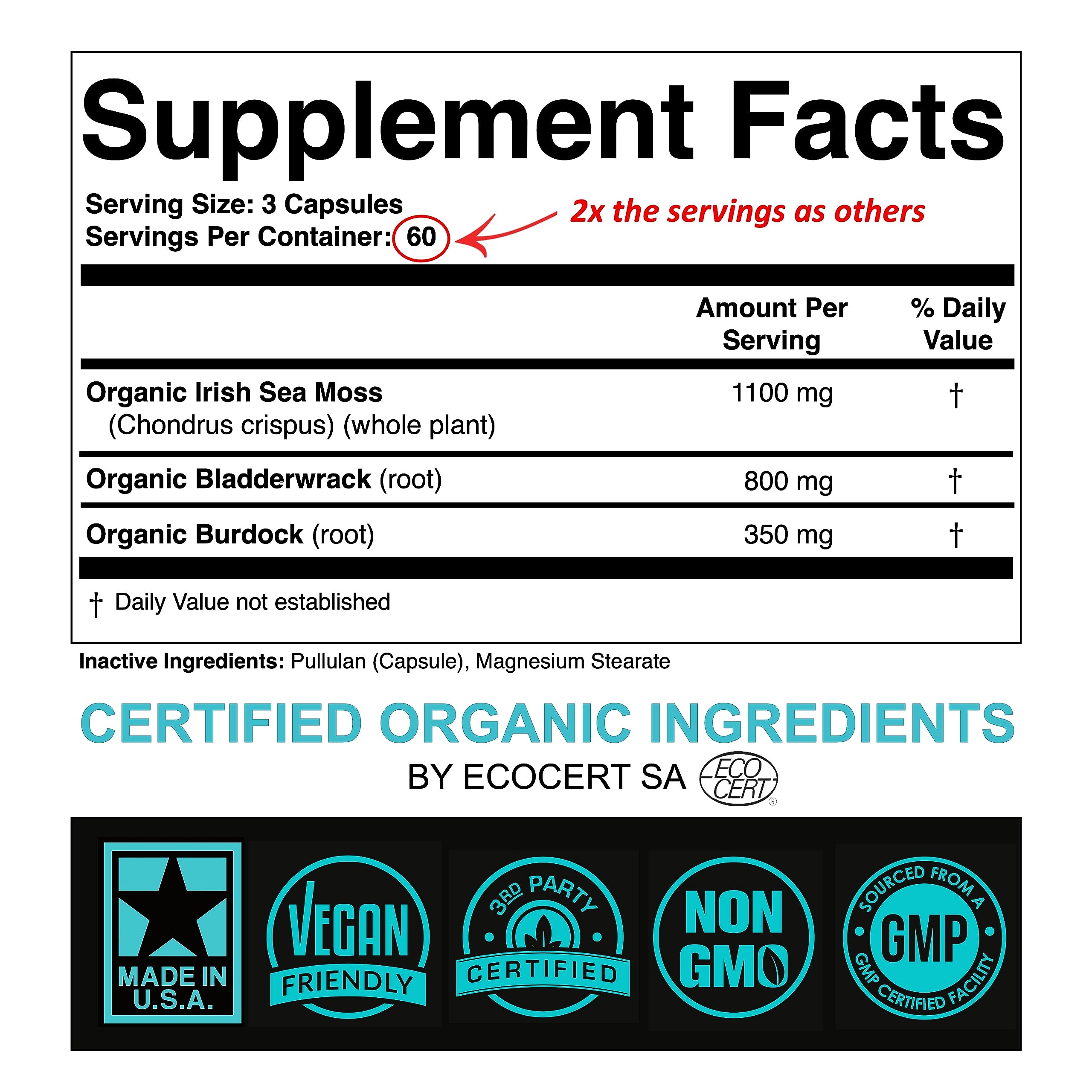 Certified Organic Sea Moss Capsules 2250mg Wildcrafted Irish Sea Moss Burdock Root SPARTIS uk supplements