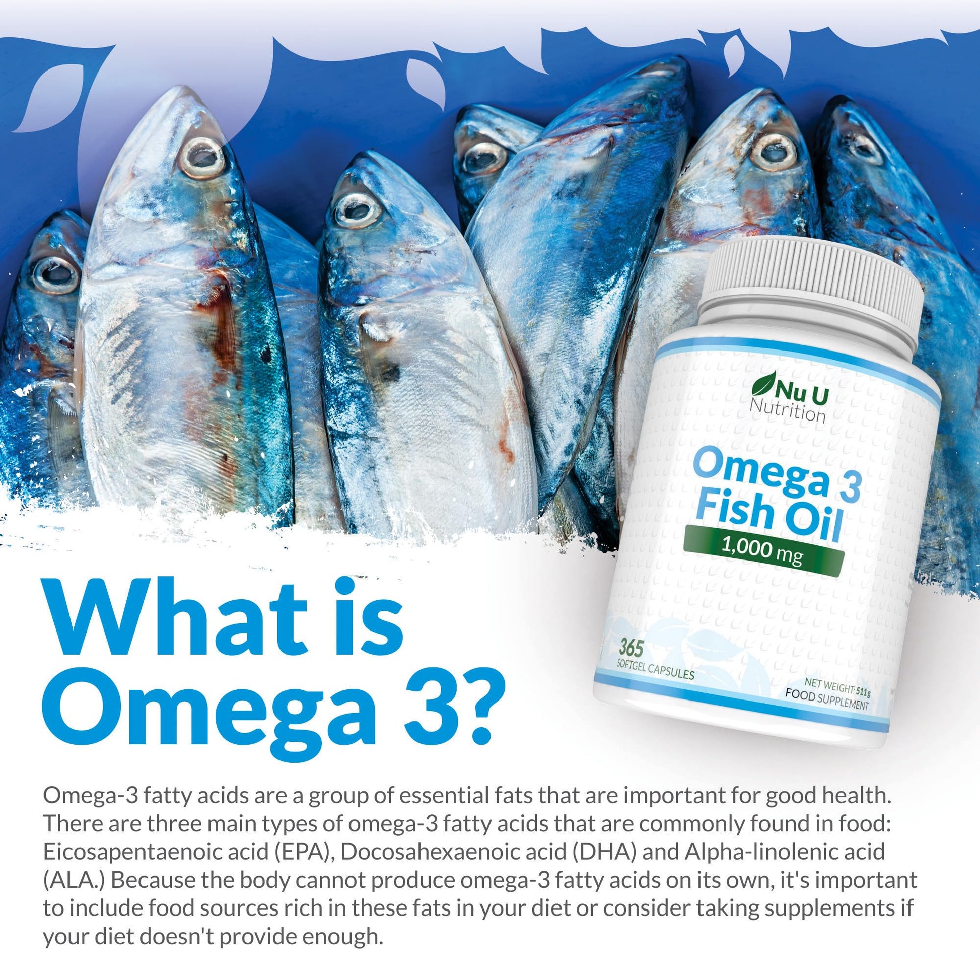 Omega 3 Fish Oil 1000mg - 365 Softgel Capsules - Up to 12 Month’s Supply - Pure Fish Oil Nu U Nutrition uk supplements
