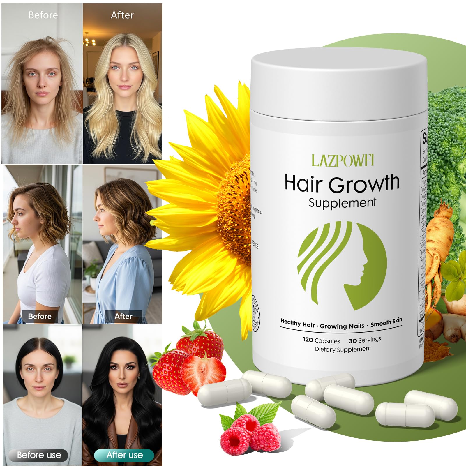 Lazpowfi Hair Growth Supplement, Biotin 10000mcg, 32-in-1 with Vitamin A, B3, C, Magnesium, Calcium, Hair Growth Products, Supports Hair & Nails Natural Growth Vitamins, for Women & Men - 30 Servings Lazpowfi uk supplements