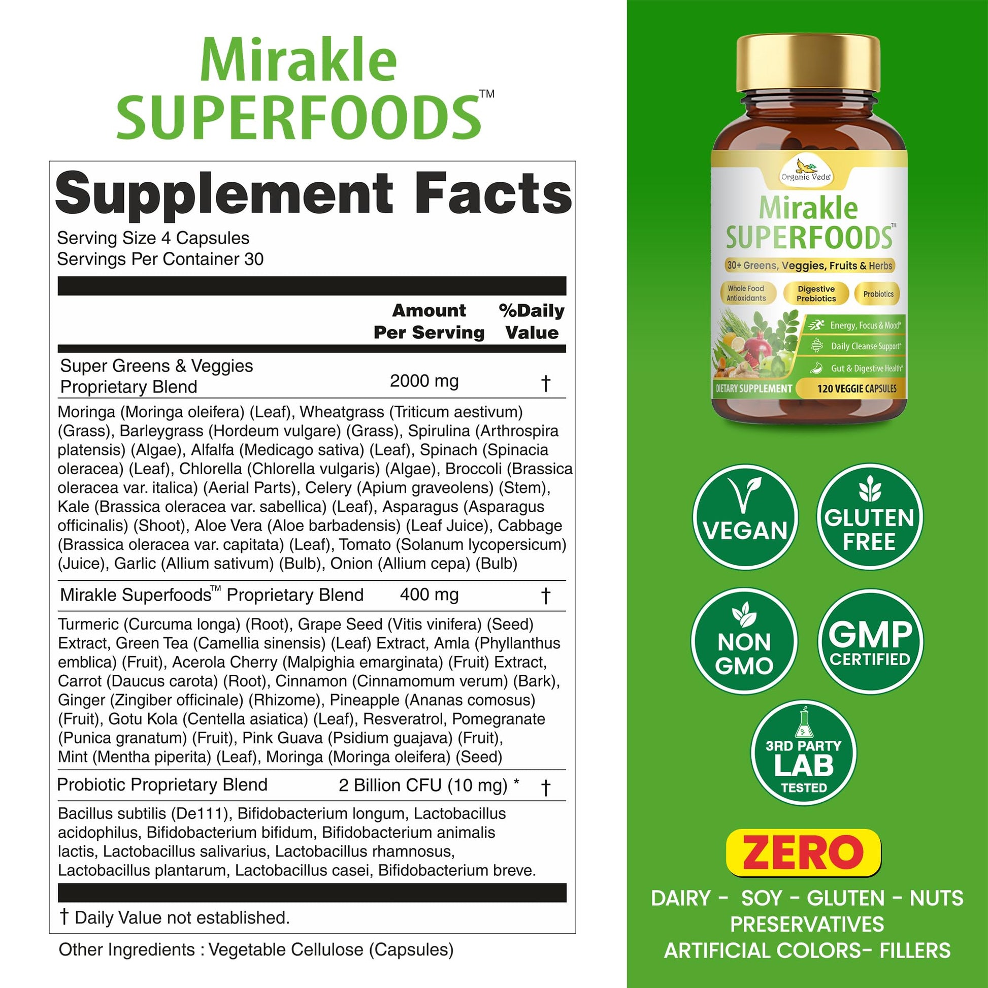 Organic Veda Mirakle Superfoods Greens Capsules - 30+ Daily Greens and Veggies Supplement with Moringa, Spirulina, Chlorella, Turmeric & Herbs, Antioxidants, Resveratrol, Probiotics - 120 Capsule Organic Veda uk supplements