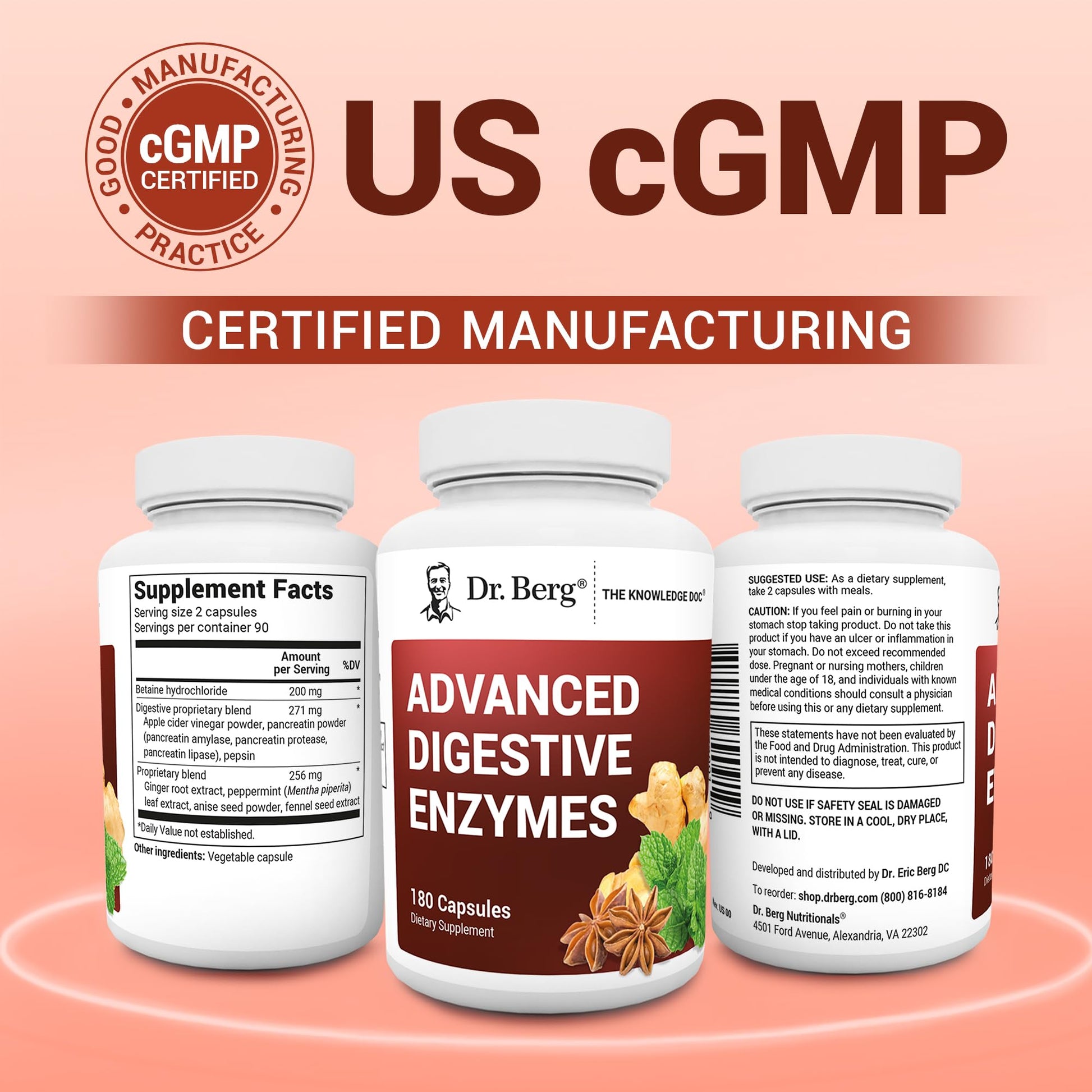 Dr. Berg Advanced Digestive Enzymes with Apple Cider Vinegar - Includes Digestive Health Ingredients Like Betaine Hydrochloride (HCI), Ginger Root & Peppermint Leaf - 180 Capsules Dr. Berg Nutritionals uk supplements