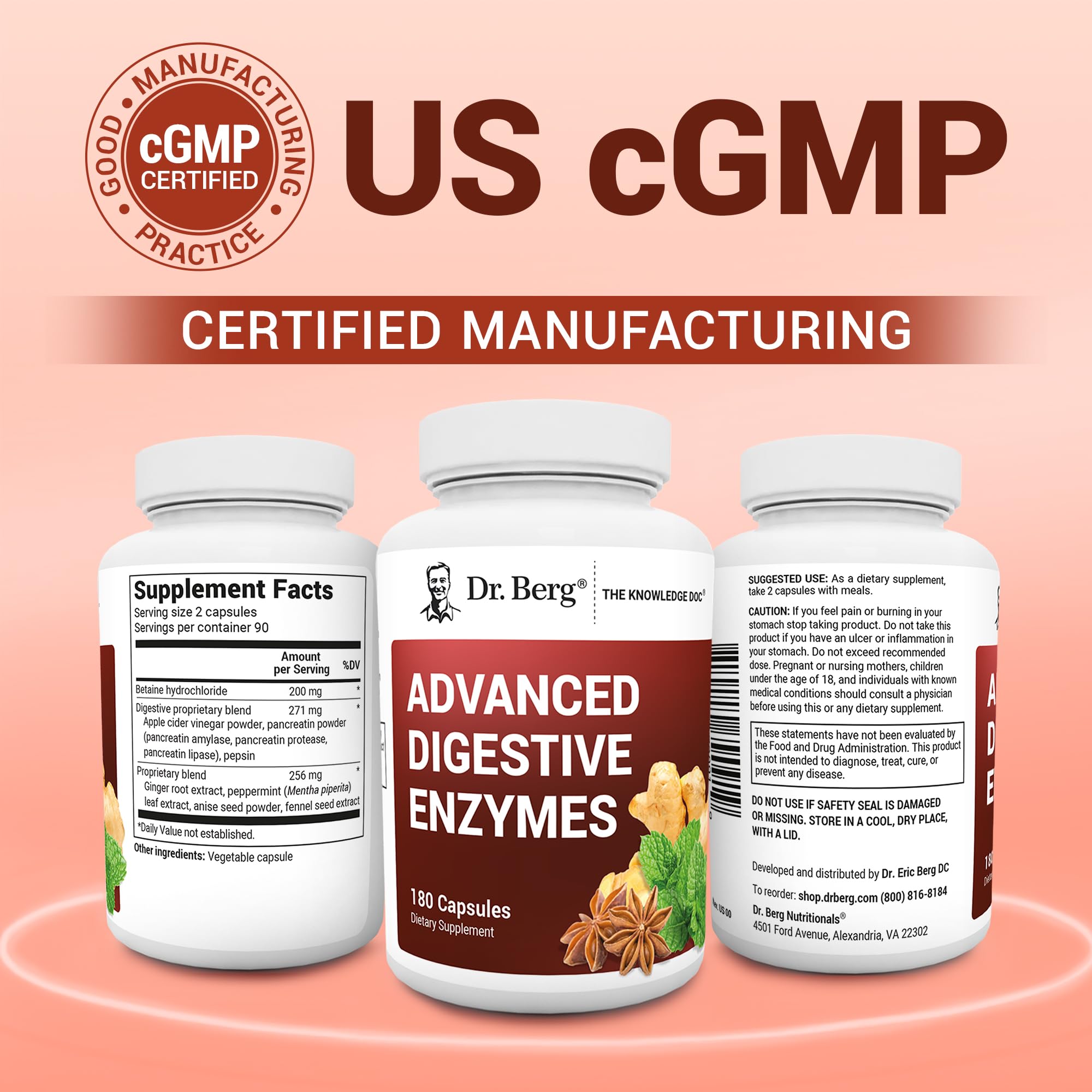 Dr. Berg Advanced Digestive Enzymes with Apple Cider Vinegar - Includes Digestive Health Ingredients Like Betaine Hydrochloride (HCI), Ginger Root & Peppermint Leaf - 180 Capsules Dr. Berg Nutritionals uk supplements