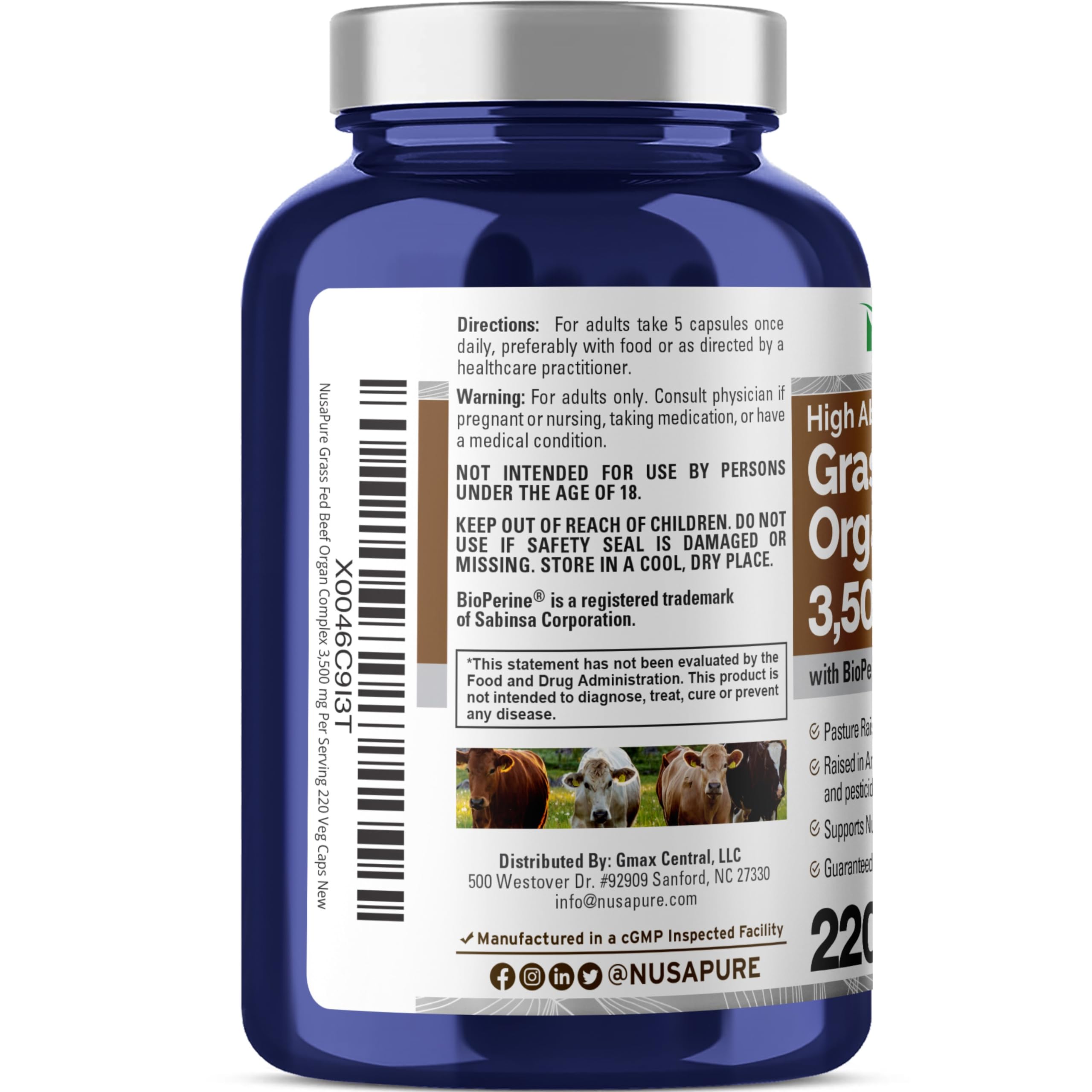 NusaPure Grass Fed Beef Organ Complex | 220 Capsules | Pasture Raised | with Desiccated Liver, Kidney, Pancreas, Heart, Spleen | Soyfree Non-GMO, Bioperine NusaPure uk supplements
