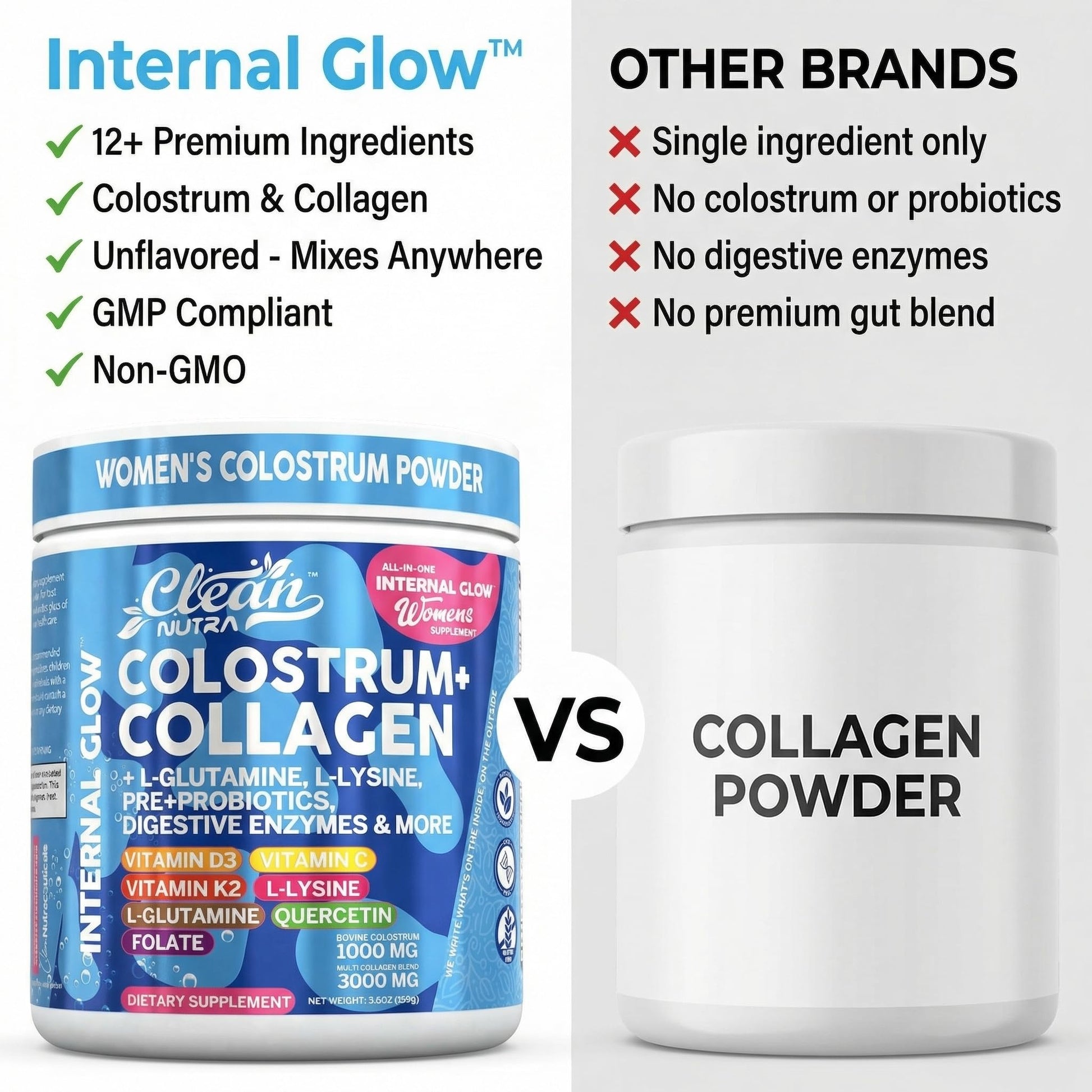 Bovine Colostrum Powder + Collagen Peptides with L-Glutamine L-Lysine Prebiotics Probiotics Digestive Enzymes Vitamin D K2 C Quercetin & Folate | Gut Health Supplement Internal Glow By Clean Nutra Clean Nutraceuticals uk supplements