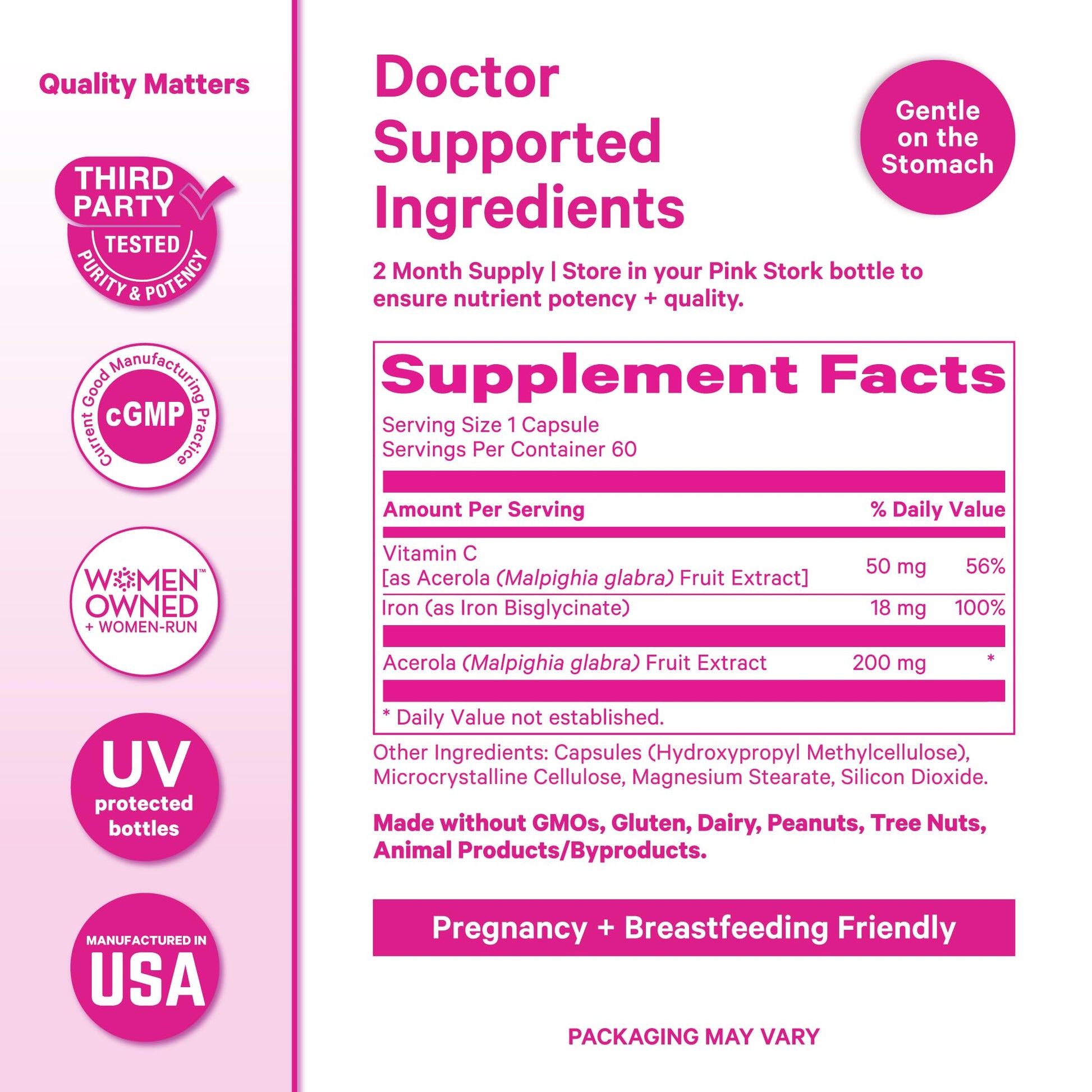 Pink Stork Iron for Women – 18 mg Non-Constipating Iron Bisglycinate + Vitamin C for Optimal Absorption – Energy, Focus, & Oxygen Supply – PMS, Pregnancy, Postpartum & Perimenopause - 60 Capsules Pink Stork uk supplements