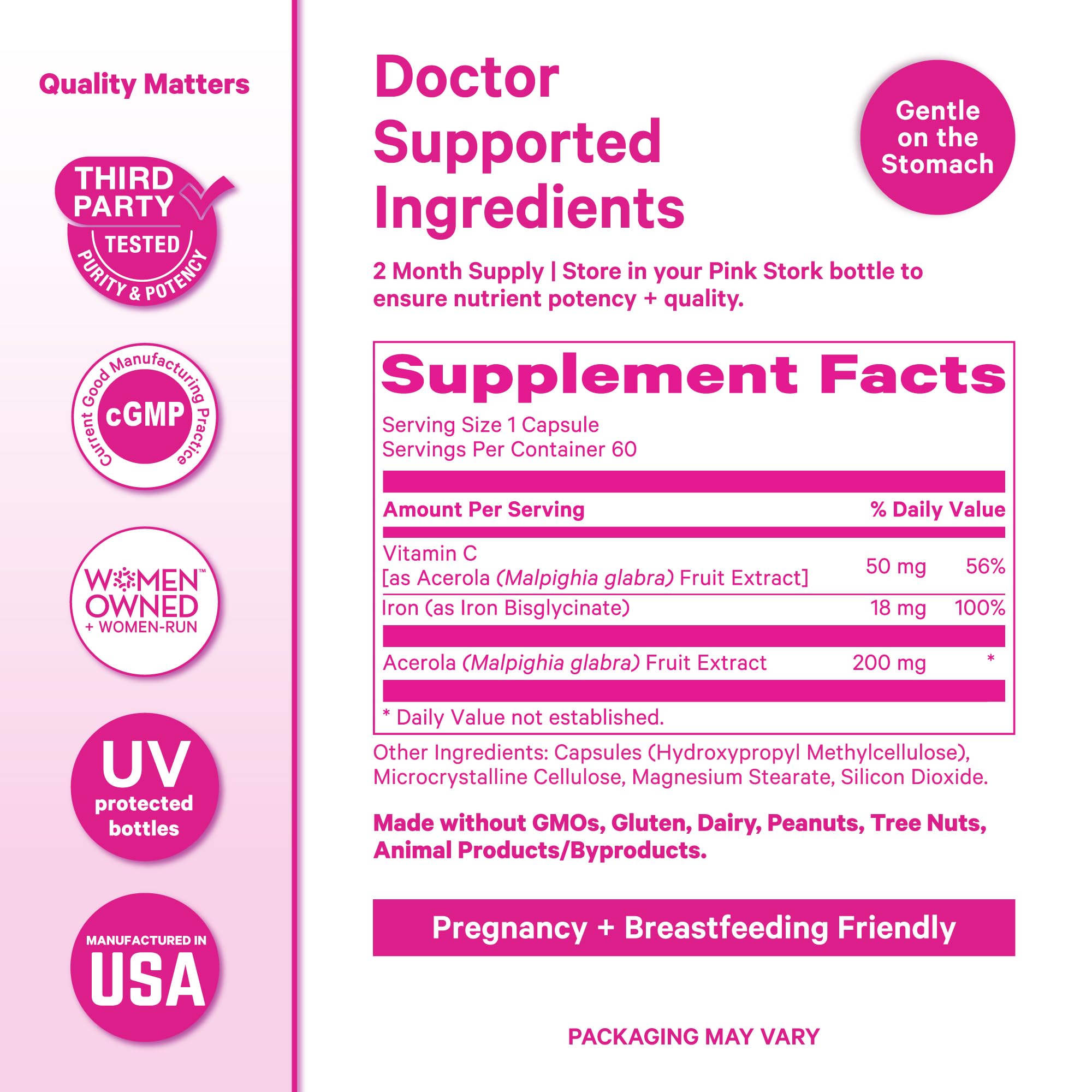Pink Stork Iron for Women – 18 mg Non-Constipating Iron Bisglycinate + Vitamin C for Optimal Absorption – Energy, Focus, & Oxygen Supply – PMS, Pregnancy, Postpartum & Perimenopause - 60 Capsules Pink Stork uk supplements