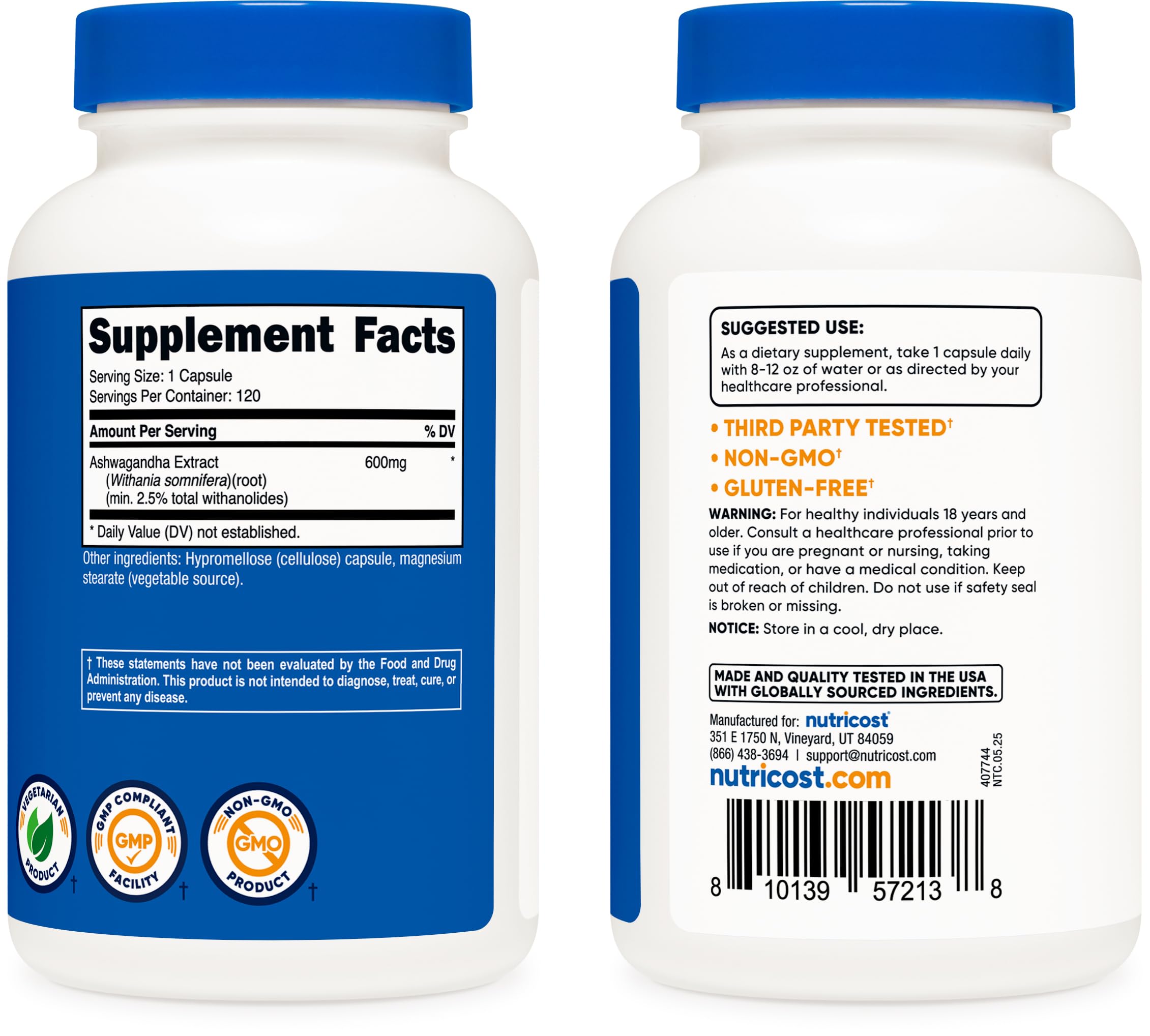 Nutricost Ashwagandha Herbal Supplement 600mg, 120 Capsules - Vegetarian, Non-GMO, Gluten Free, Ashwagandha Root Nutricost uk supplements