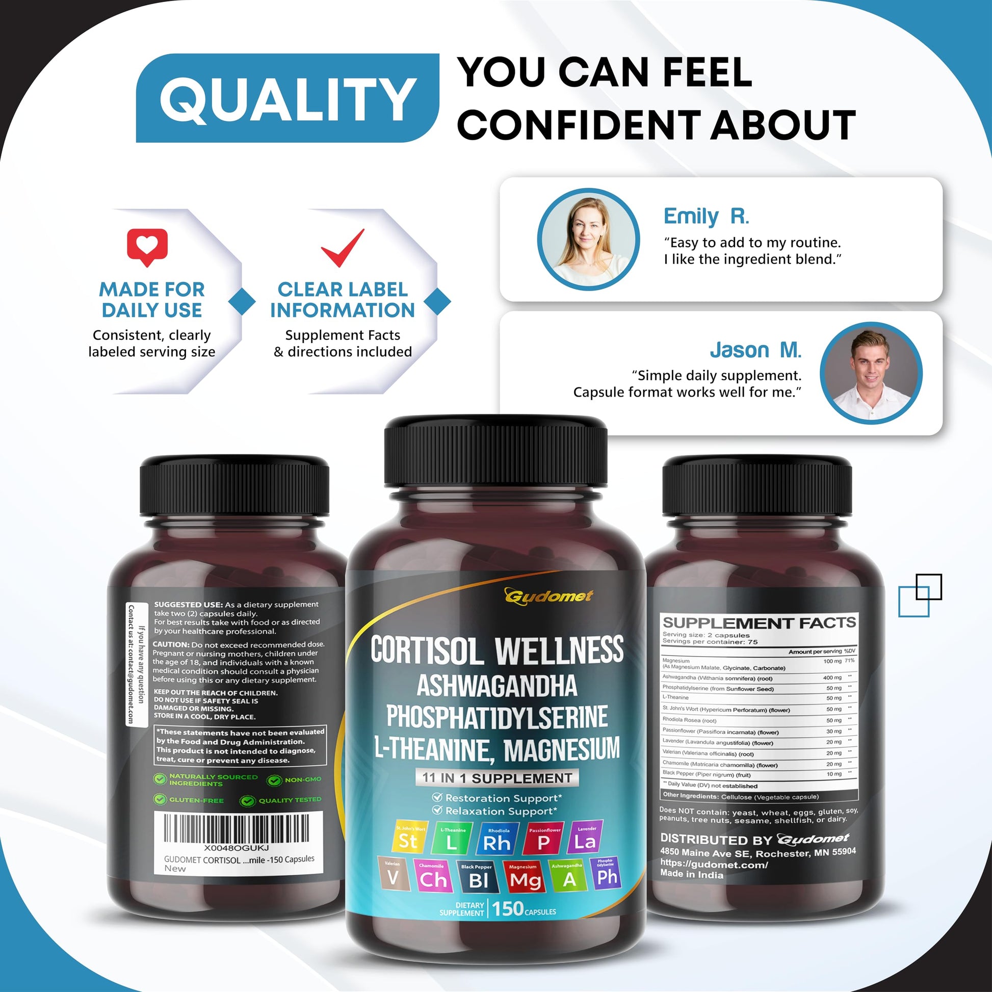GUDOMET CORTISOL Wellness Magnesium Ashwagandha L-Theanine Phosphatidylserine Rhodiola Rosea Passionflower Lavender Chamomile -150 Capsules GUDOMET uk supplements