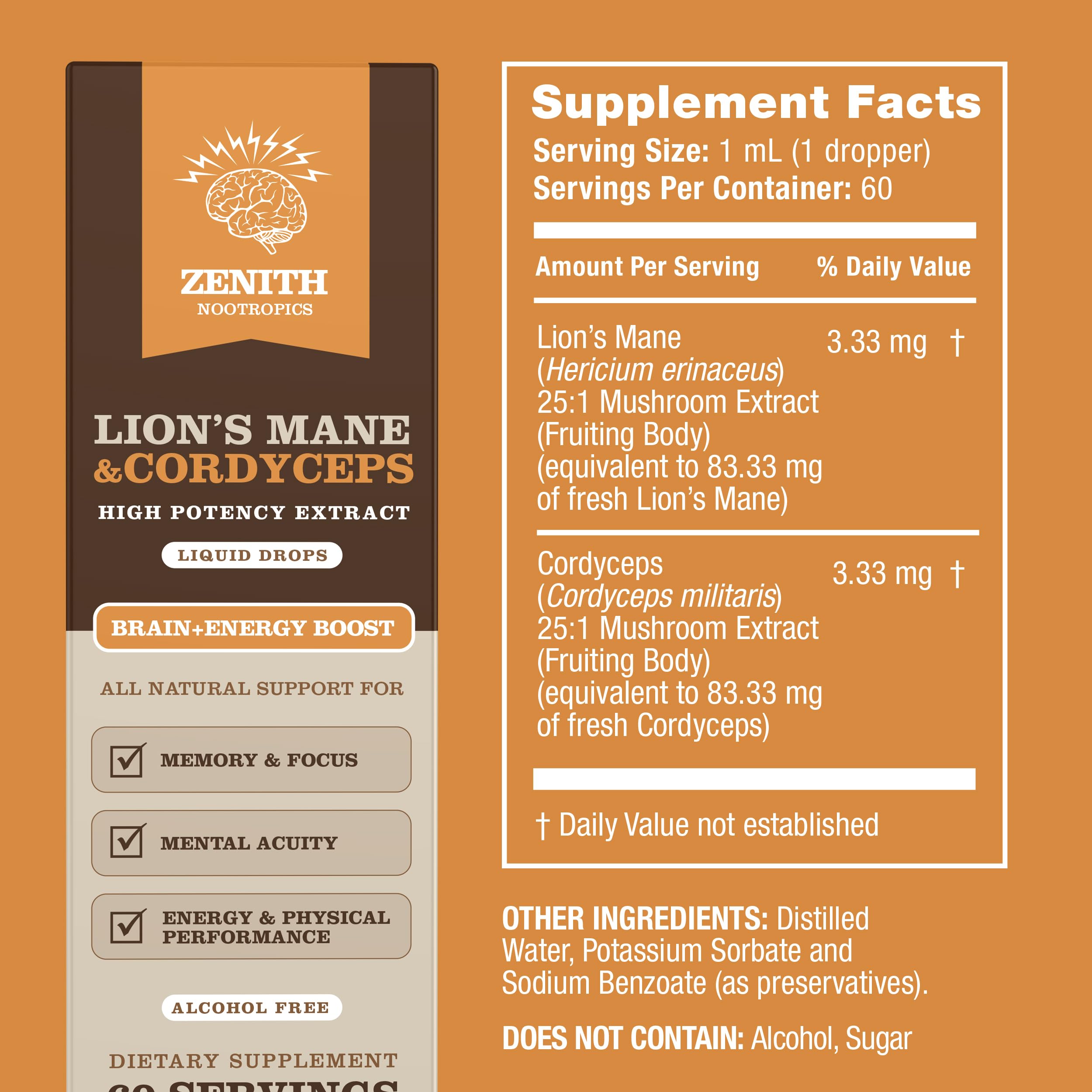Zenith Nootropics Lion’s Mane & Cordyceps Supplement – Brain & Energy Support – Focus, Memory, Clarity, Immunity – Vegan, Alcohol-Free Tincture – Up-to 2-Month Supply, 2 fl oz Zenith Nootropics uk supplements