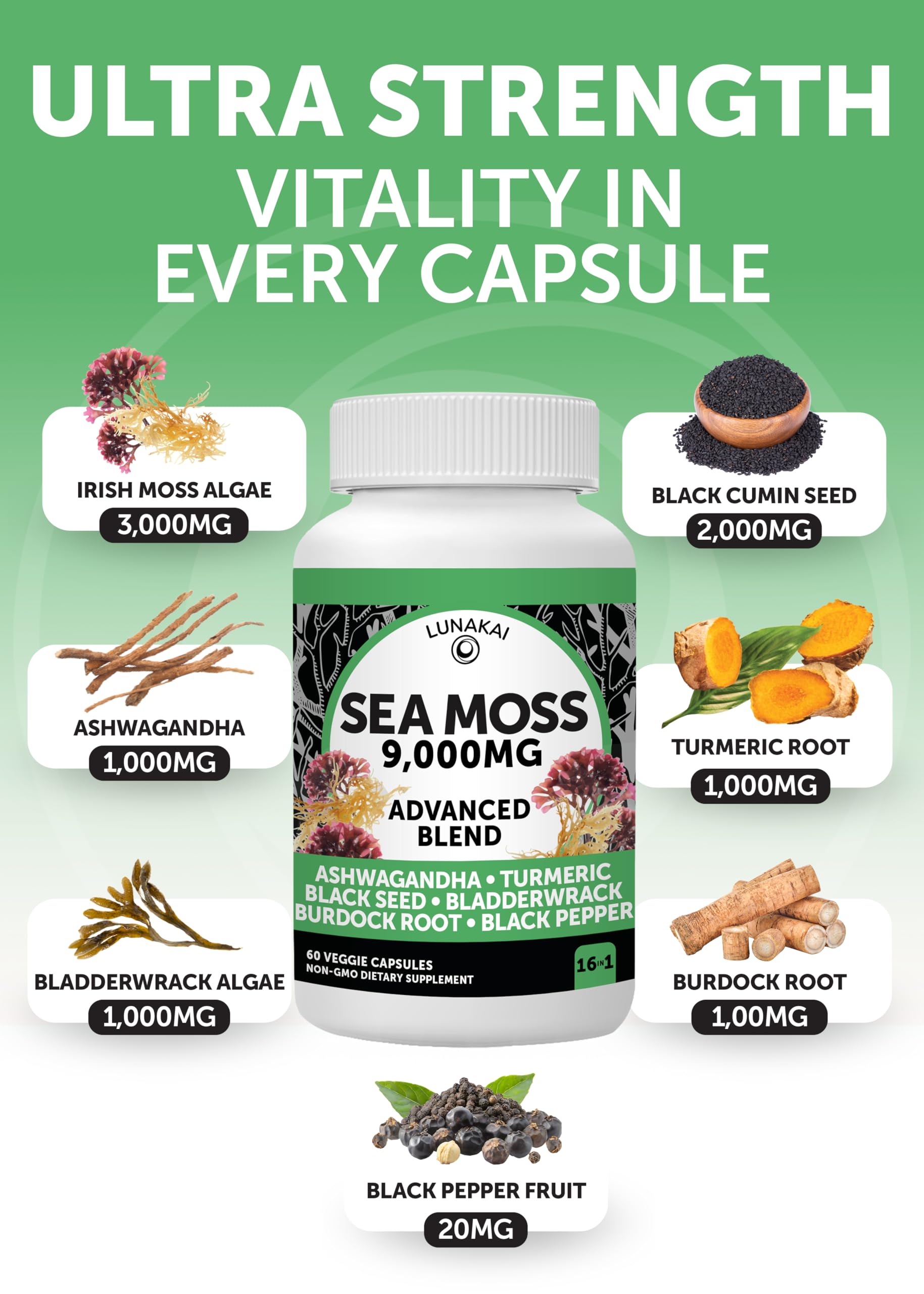 Lunakai USA Made Moringa & Sea Moss Capsules Bundle – 6-in-1 & 16-in-1 Advanced Blends – 60 Non-GMO Veggie Capsules Each Lunakai uk supplements