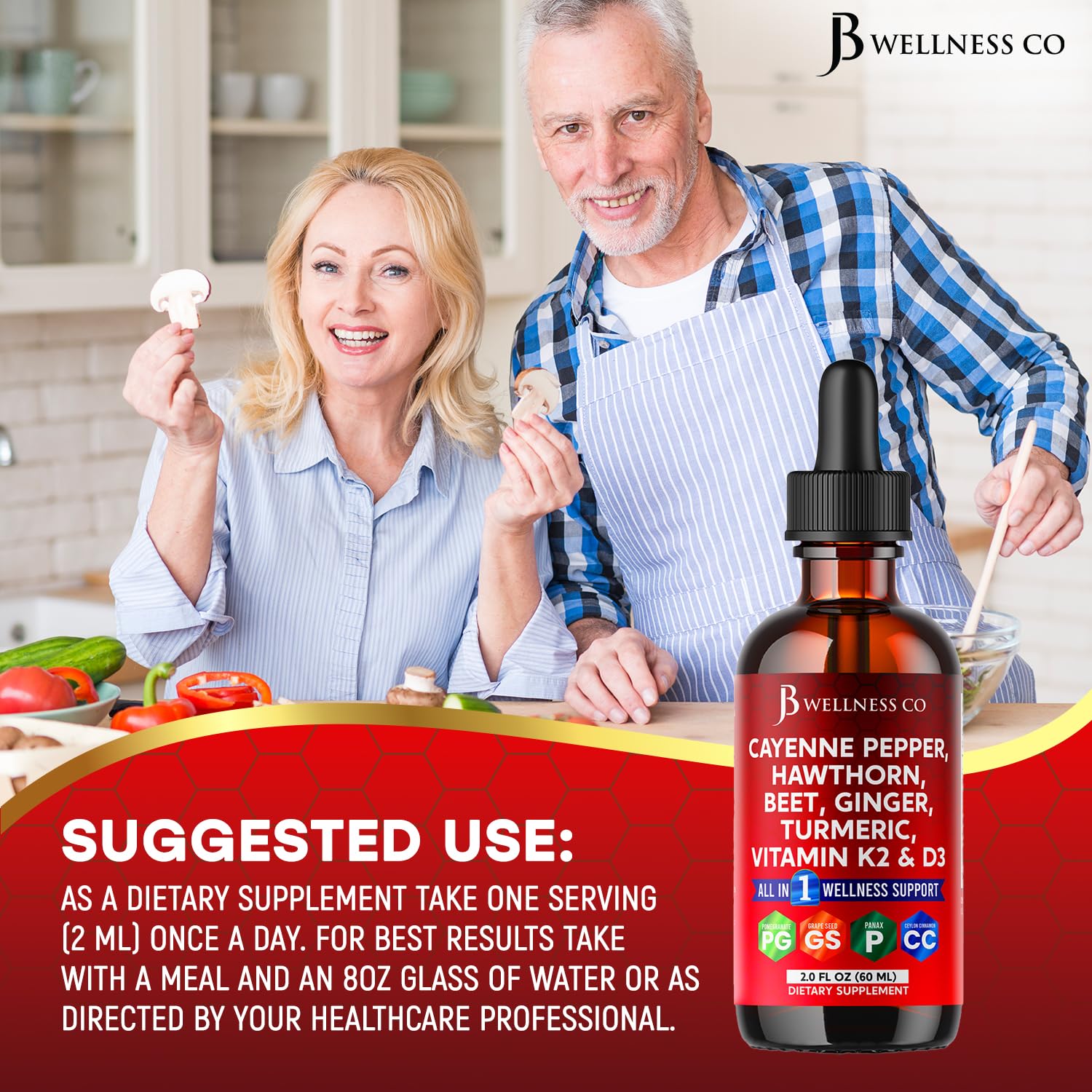 Cayenne Pepper Supplement Liquid Drops + Hawthorn Berry, Vitamin D3 K2 Beet Root Powder, Ceylon Cinnamon, Turmeric Curcumin, Organic Panax Ginseng - 4oz JB Wellness Co uk supplements