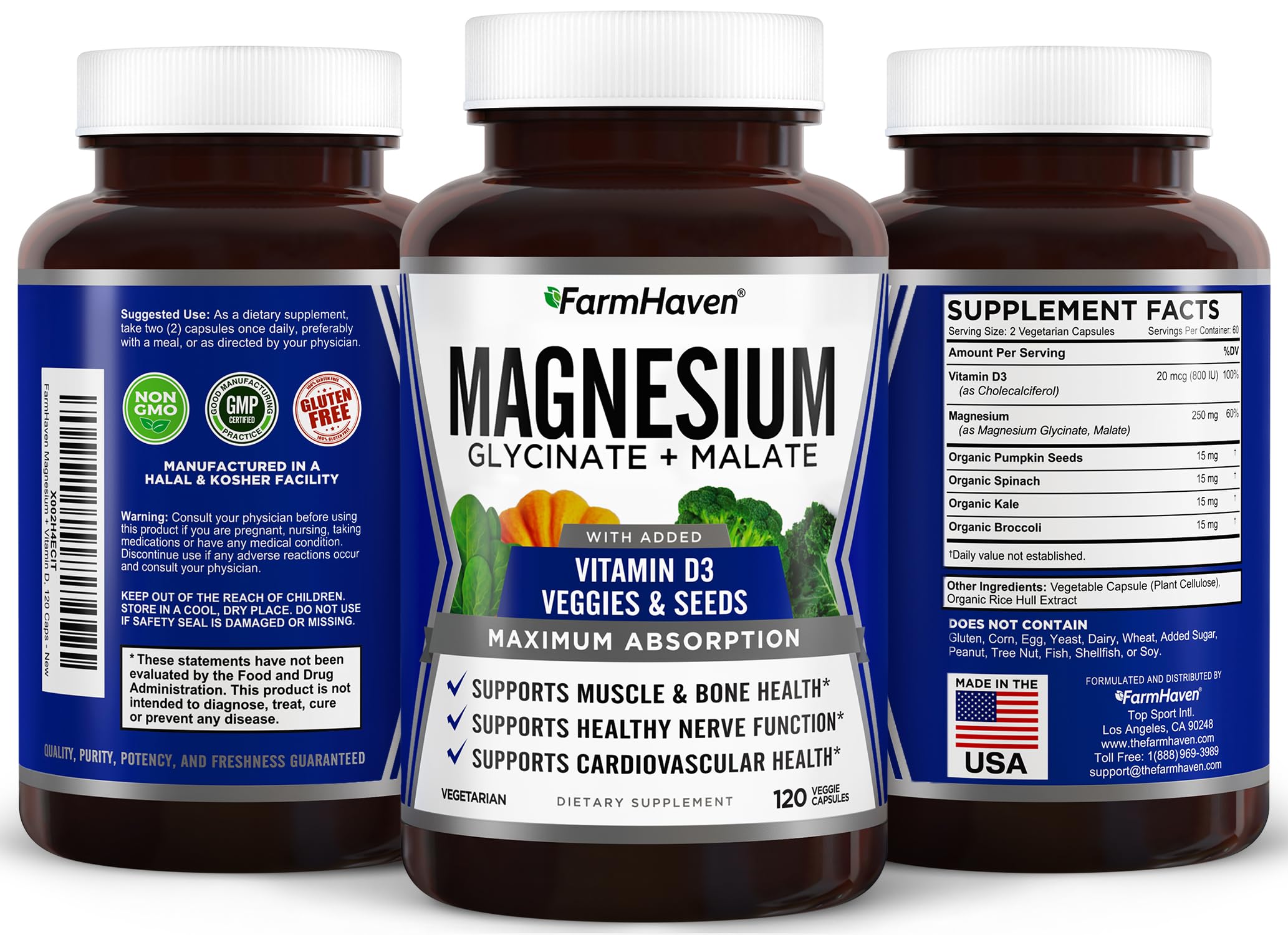 FarmHaven Magnesium Complex –Magnesium Glycinate & Malate w/Vitamin D3, 100% Chelated for Max Absorption, Vegetarian – Bone Health, Nerves, Muscles, 120 Capsules, 60 Days FarmHaven uk supplements