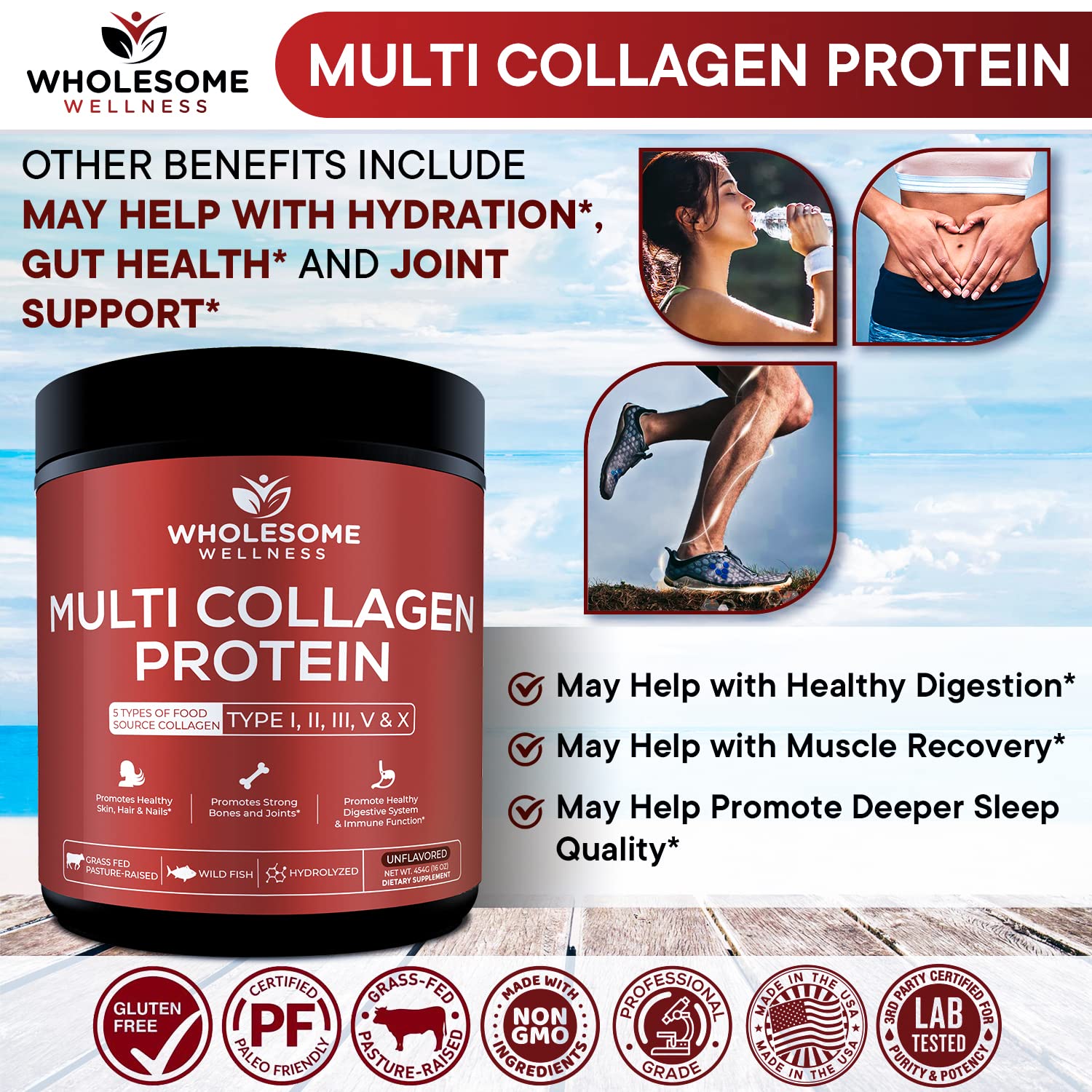 Multi Collagen Protein Powder Hydrolyzed (Type I II III V X) Grass-Fed All-in-One Super Wholesome Wellness uk supplements