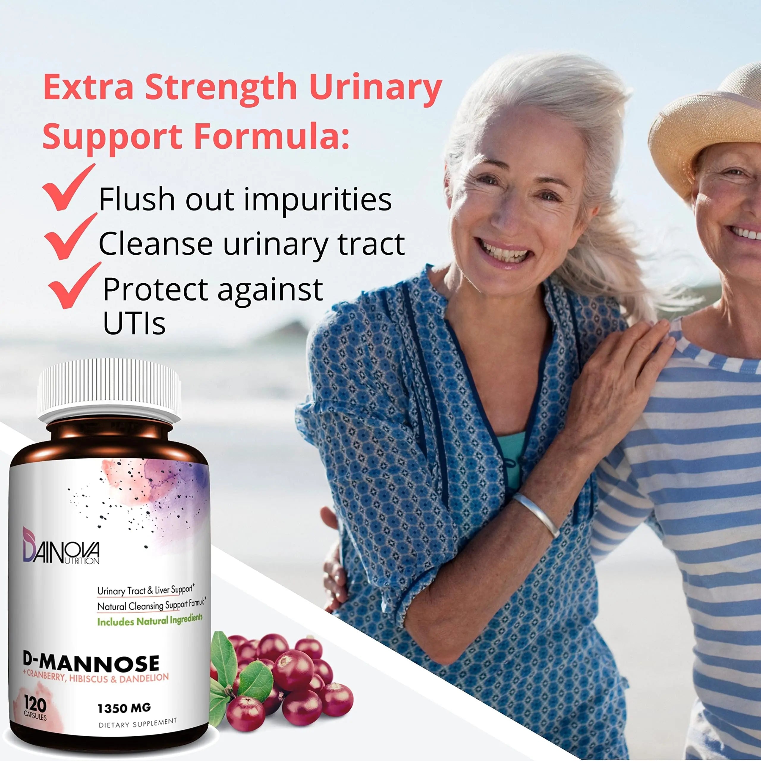 Dainova D Mannose 1350mg with Cranberry I D-Mannose Capsules for UTI Prevention, Urinary Tract Support, Urinary Tract Health for Women, & Cleanse. W/Hibiscus & Dandelion, 120 Veggie Capsules Dainova Nutrition uk supplements