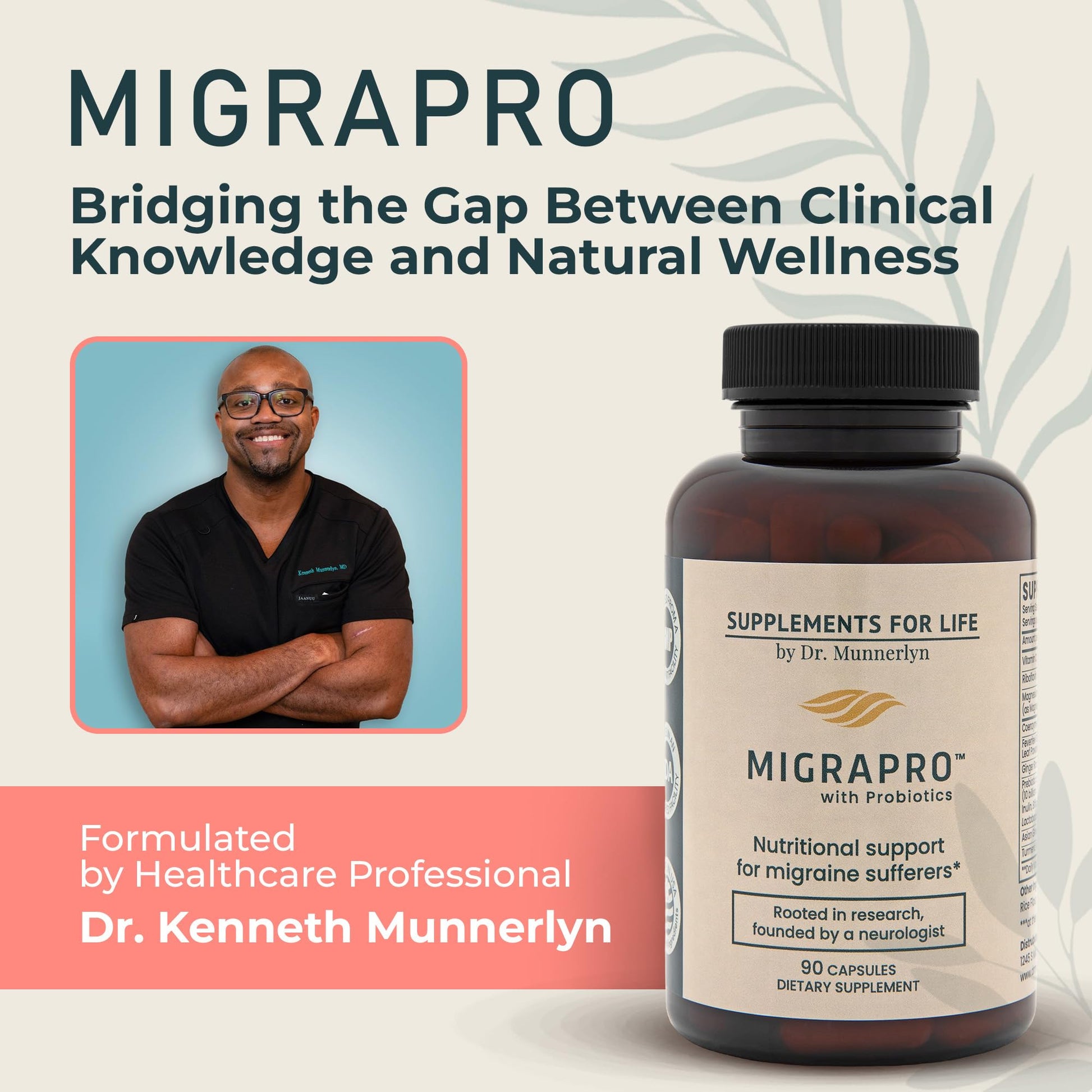 Dr. Munnerlyn MigraPro with Probiotics, Brain and Gut Health Support Supplement with Magnesium, Riboflavin, CoQ10, Ginger Root, Asian Ginseng, Vitamin C, Feverfew & Turmeric, Gluten Free, 90 Capsules Dr. Munnerlyn uk supplements