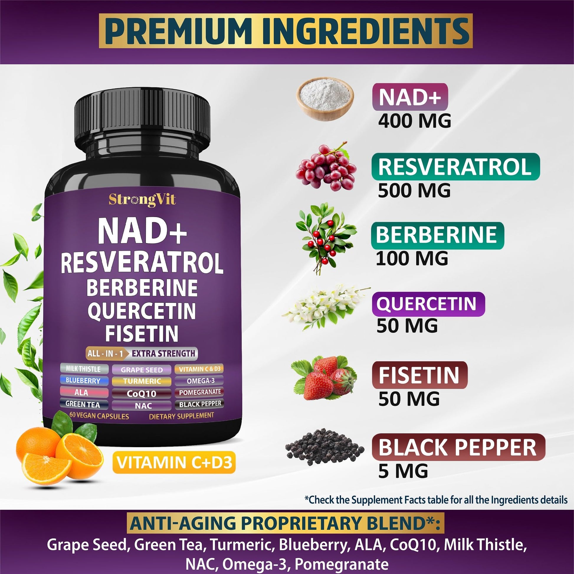 NAD Resveratrol Supplement with Berberine, Quercetin, CoQ10. Anti-Aging Formula for Women & Men. Liposomal NAD Plus, NAD+ Booster, Pure Organic Vitamin, USA StrongVit uk supplements