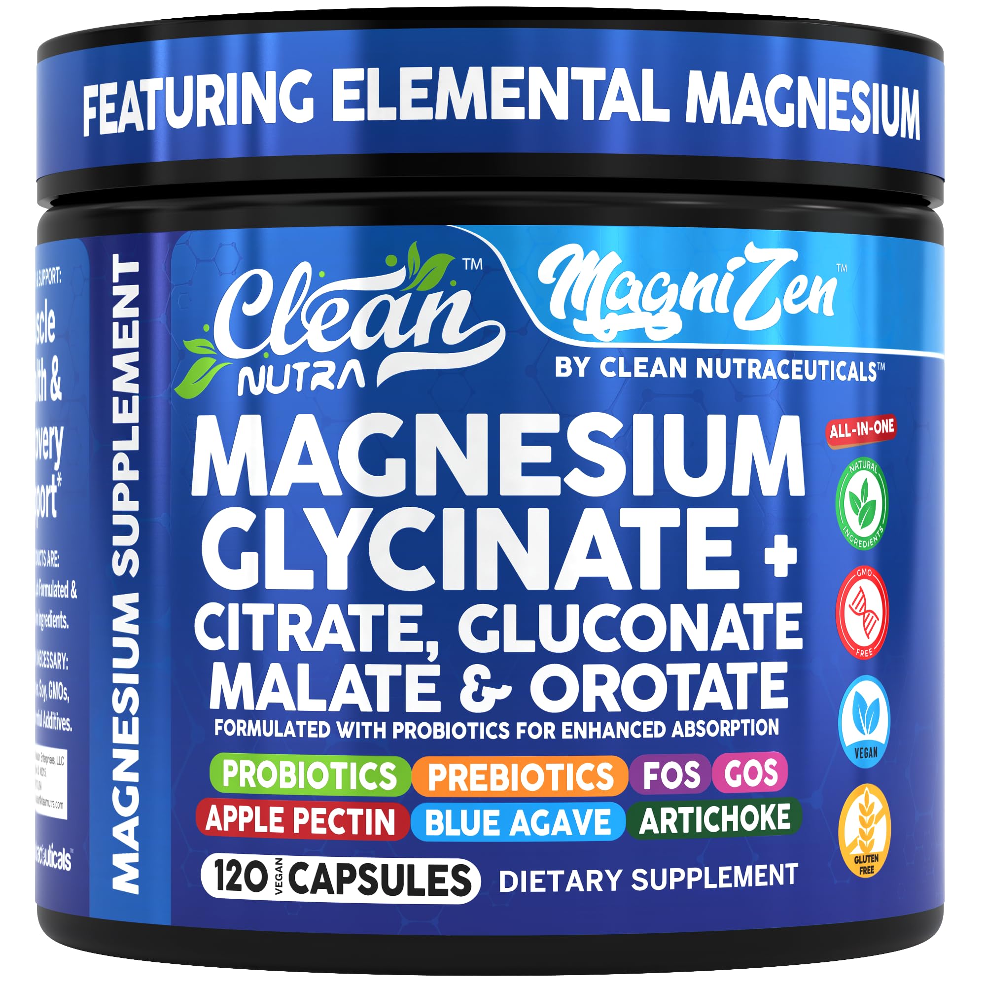 Clean Nutra Magnesium Glycinate Citrate Malate Orotate Taurate Supplement Complex + 10 Strain Probiotic Prebiotics FOS GOS Inulin Sleep Calm Support Apple Pectin – 120 Vegan Capsules Clean Nutraceuticals uk supplements