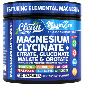 Clean Nutra Magnesium Glycinate Citrate Malate Orotate Taurate Supplement Complex + 10 Strain Probiotic Prebiotics FOS GOS Inulin Sleep Calm Support Apple Pectin – 120 Vegan Capsules Clean Nutraceuticals uk supplements
