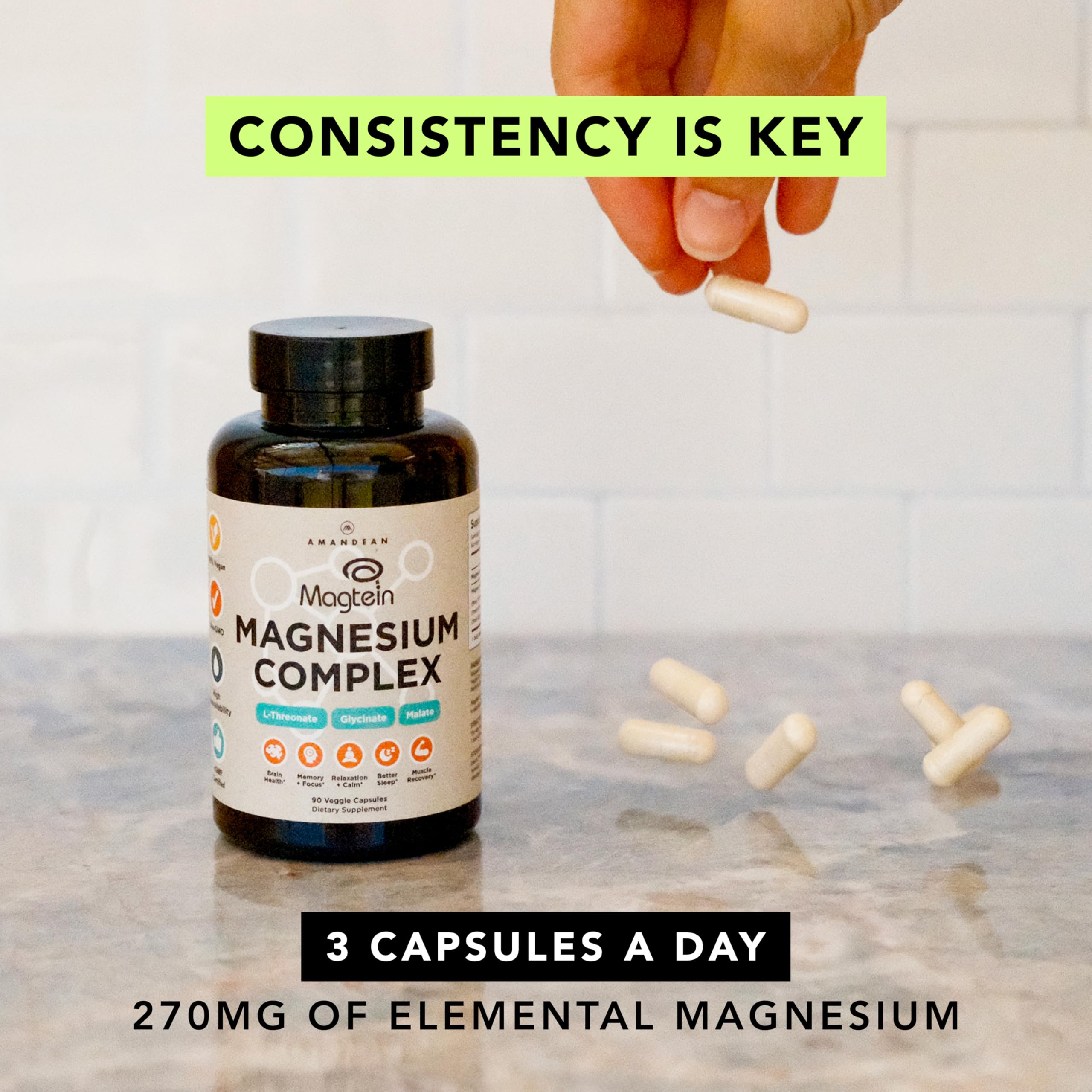 AMANDEAN Magtein Magnesium Complex. L-Threonate, Glycinate, Malate Triple Blend Chelated Magnesium Supplement. 90 Veggie Capsules. High Absorption Branded Ingredients. Brain Health, Sleep, Calm*. AMANDEAN uk supplements