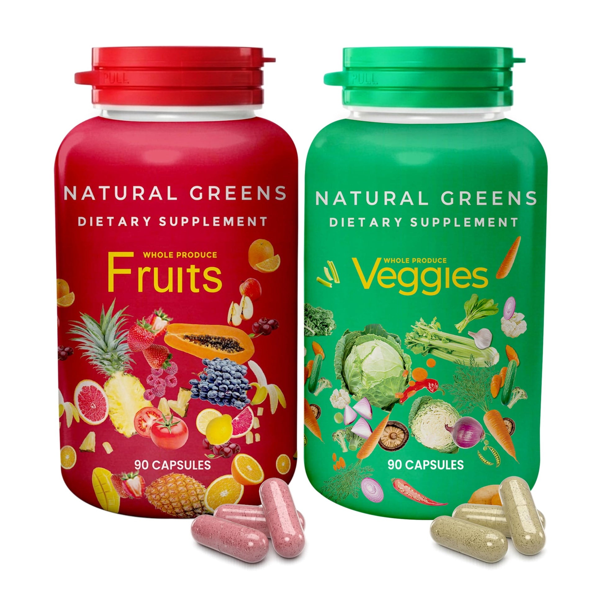 Fruits and Veggies Whole Produce Dietary Supplement with Superfood Fruits and Vegetables for Men, Women and Kids, 90 Fruit Capsules, 90 Veggie Capsules - 1 Set NATURAL GREENS uk supplements