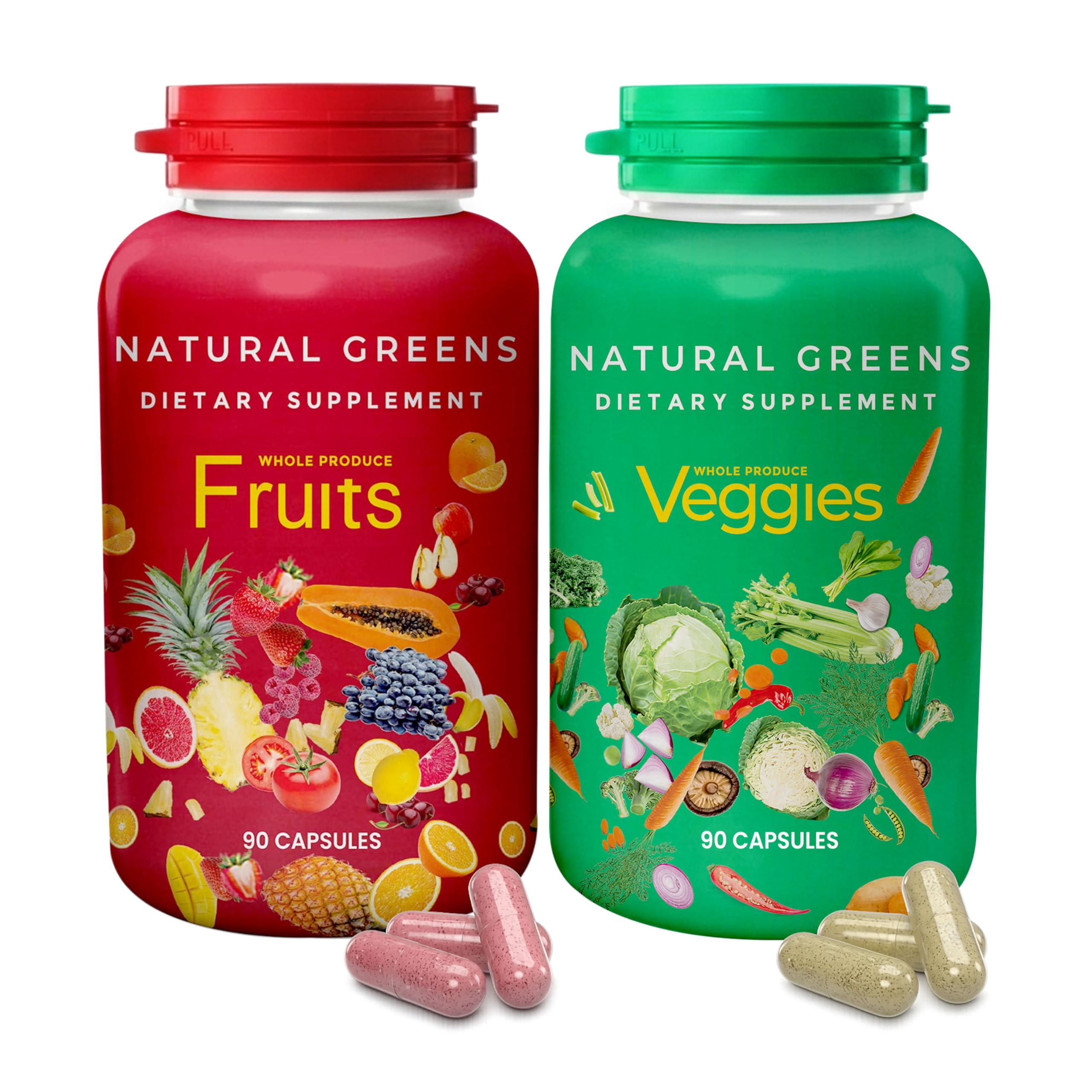 Fruits and Veggies Whole Produce Dietary Supplement with Superfood Fruits and Vegetables for Men, Women and Kids, 90 Fruit Capsules, 90 Veggie Capsules - 1 Set NATURAL GREENS uk supplements