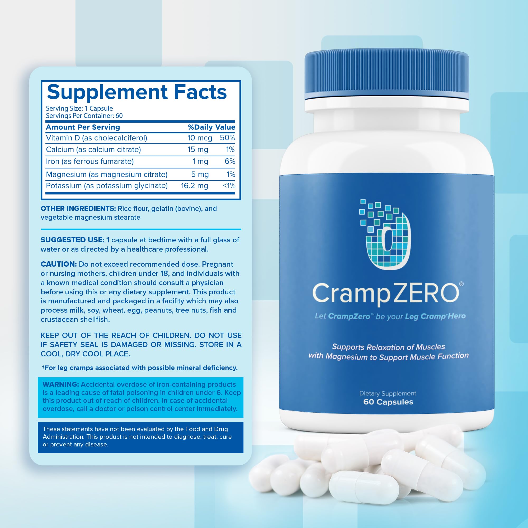 CrampZero Magnesium for Leg Cramps at Night – Potassium Magnesium Supplement with Calcium and Vitamin D3, Supports Muscle Relaxation and Function, Night Leg Cramps Relief, 60 Capsules CrampZero uk supplements