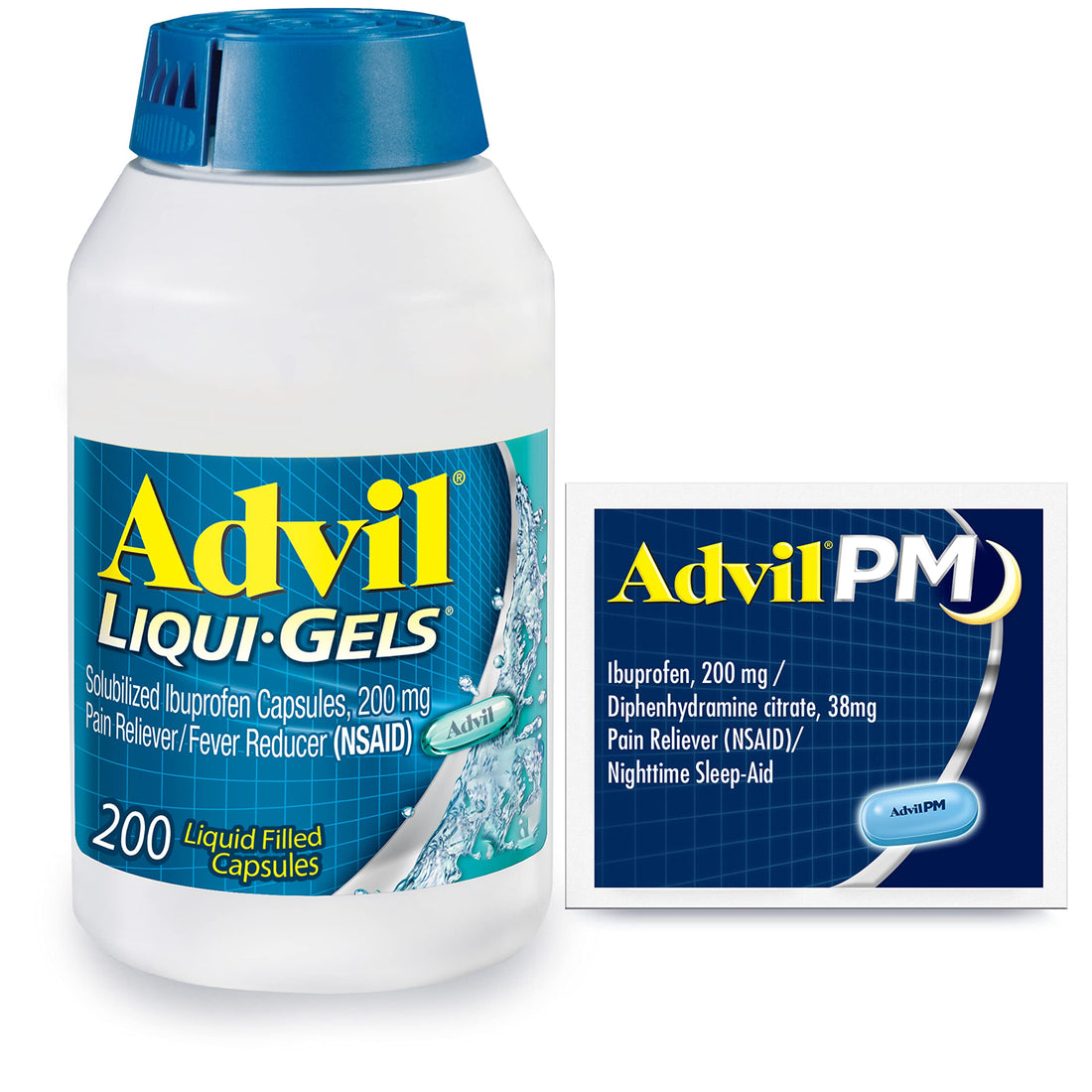Advil Liqui-Gels Pain Reliever and Fever Reducer, Pain Medicine for Adults with Ibuprofen 200mg for Headache, Backache, Menstrual Pain and Joint Pain Relief - 200 Capsules, Advil PM Ibuprofen - 2 Ct Advil uk supplements