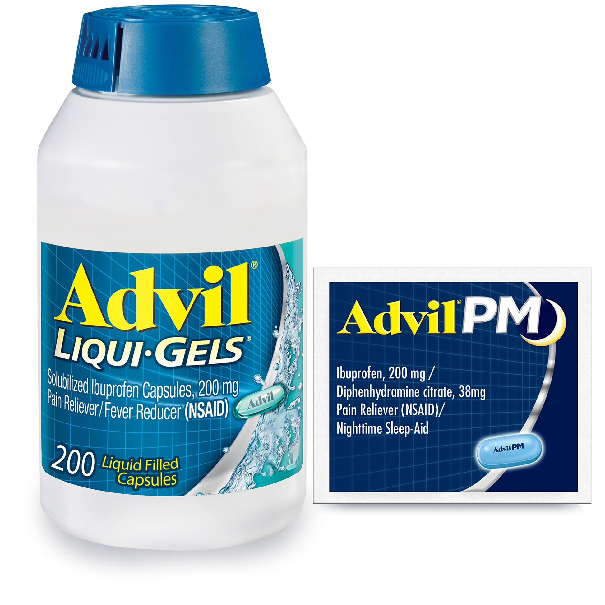 Advil Liqui-Gels Pain Reliever and Fever Reducer, Pain Medicine for Adults with Ibuprofen 200mg for Headache, Backache, Menstrual Pain and Joint Pain Relief - 200 Capsules, Advil PM Ibuprofen - 2 Ct Advil uk supplements