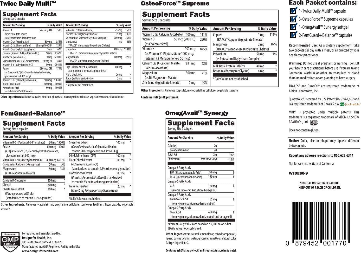 Designs for Health Women's Twice Daily Essential Packets - Vitamin Packs with Iron-Free Multivitamin, OsteoForce Bone Support, OmegAvail Fish Oil + FemGuard+Balance - Female Health (60 Packets) Designs for Health uk supplements